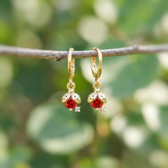 Dainty Crystal Ladybug Earrings  Gold huggie hoops handmade cottagecore minimalist nature inspired bug jewelry gift for gardeners, bff
