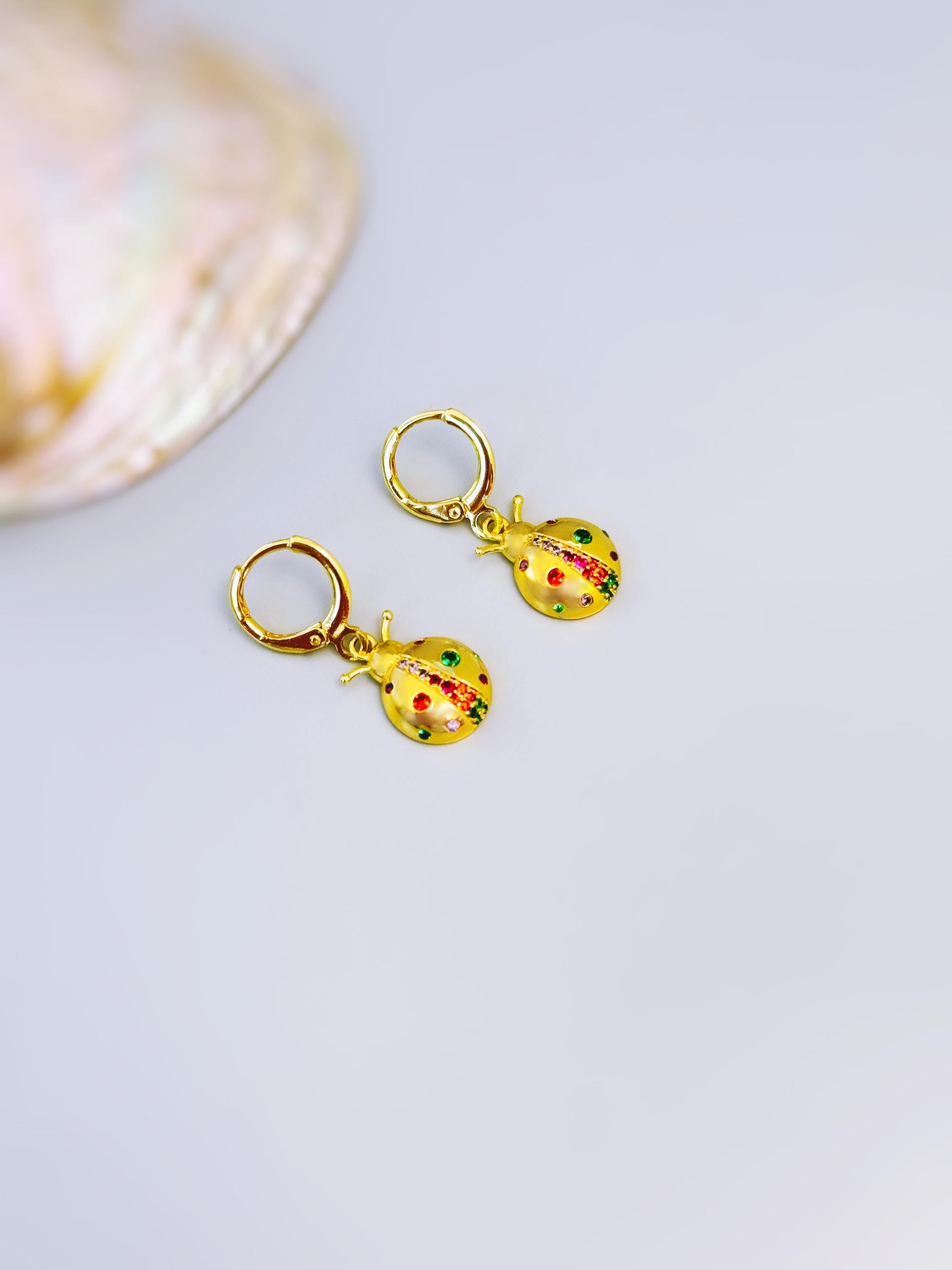 Dainty Rainbow Crystal Ladybug Earrings Gold huggie hoops handmade colorful cottagecore nature inspired bug jewelry gift for gardeners, bff