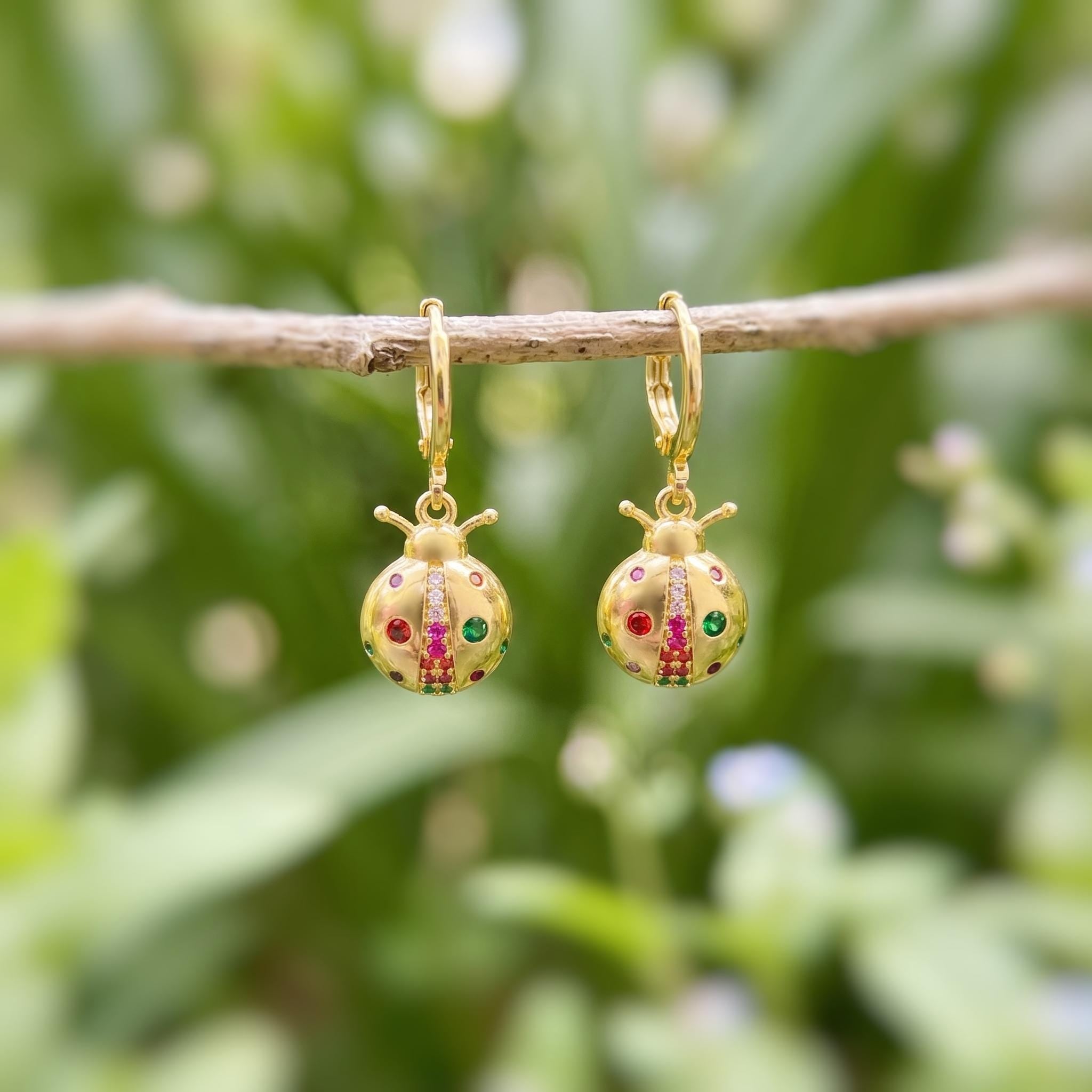 Dainty Rainbow Crystal Ladybug Earrings Gold huggie hoops handmade colorful cottagecore nature inspired bug jewelry gift for gardeners, bff
