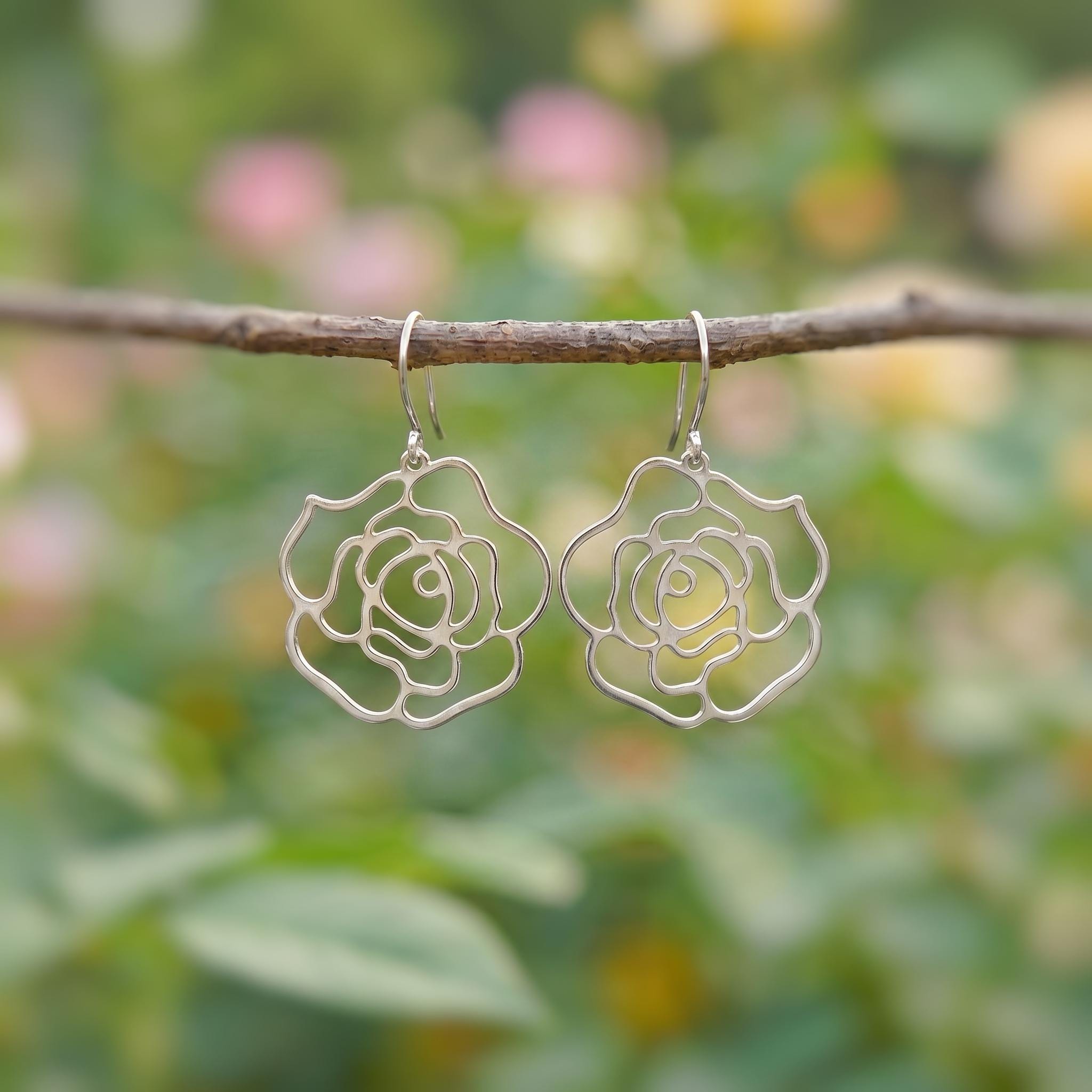 Rose Earrings dangle gold, silver handmade elegant lightweight statement floral nature jewelry June Birth Flower gift for mom, wife gardener