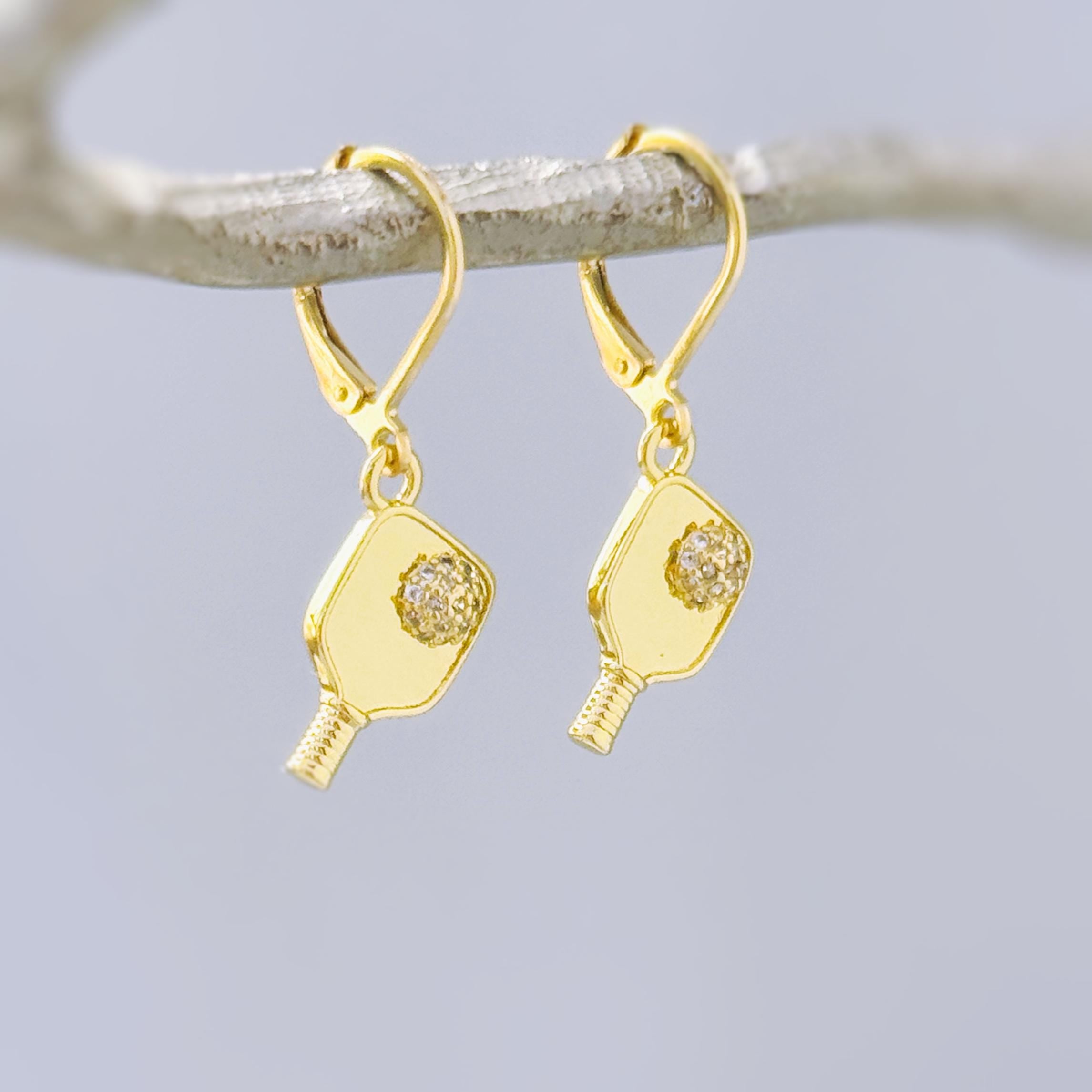 Pickleball Earrings Gold Leverbacks, Pickleball Jewelry, Pickleball Gift for Her, Sports Earrings, cute sporty Pickleball accessories