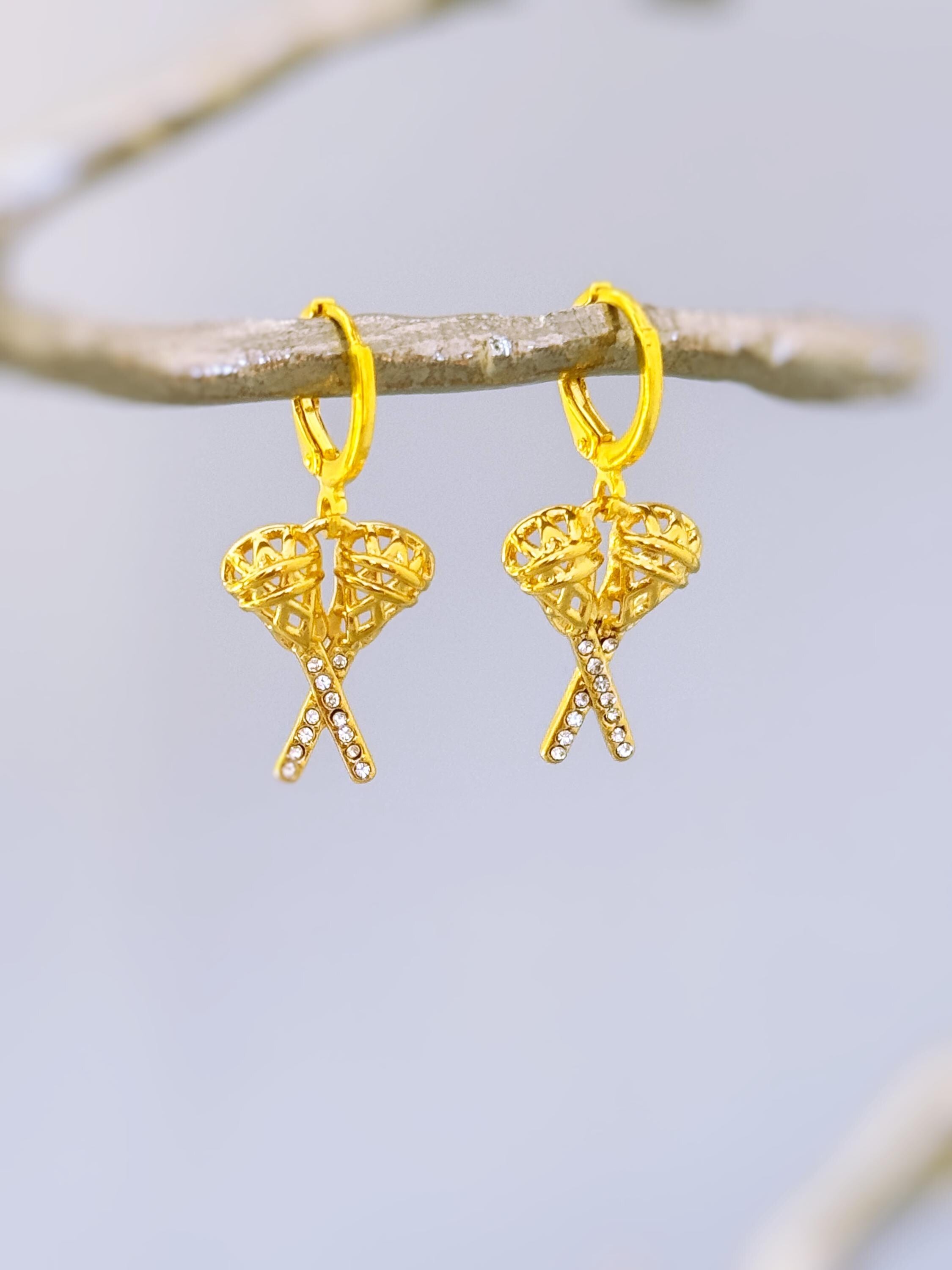 Lacrosse Earrings Gold Leverbacks, Lacrosse Jewelry, team mom coach gift for Her, Sports Earrings, cute sporty lax Lacrosse accessories