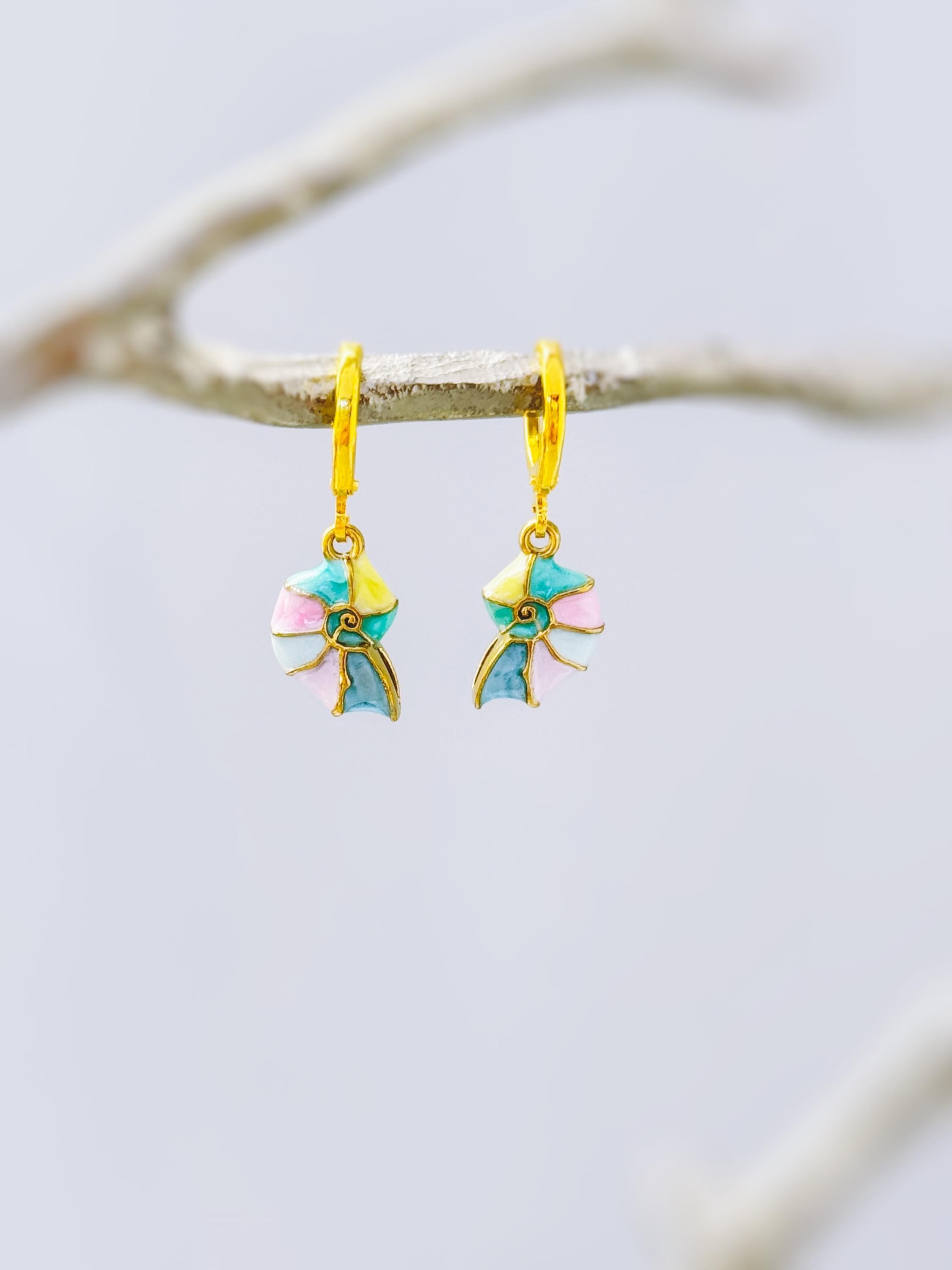 Pastel Nautilus Shell Earrings Gold Huggie Hoop dangle handmade ocean lover gift nature inspired coastal nautical beachy summer jewelry