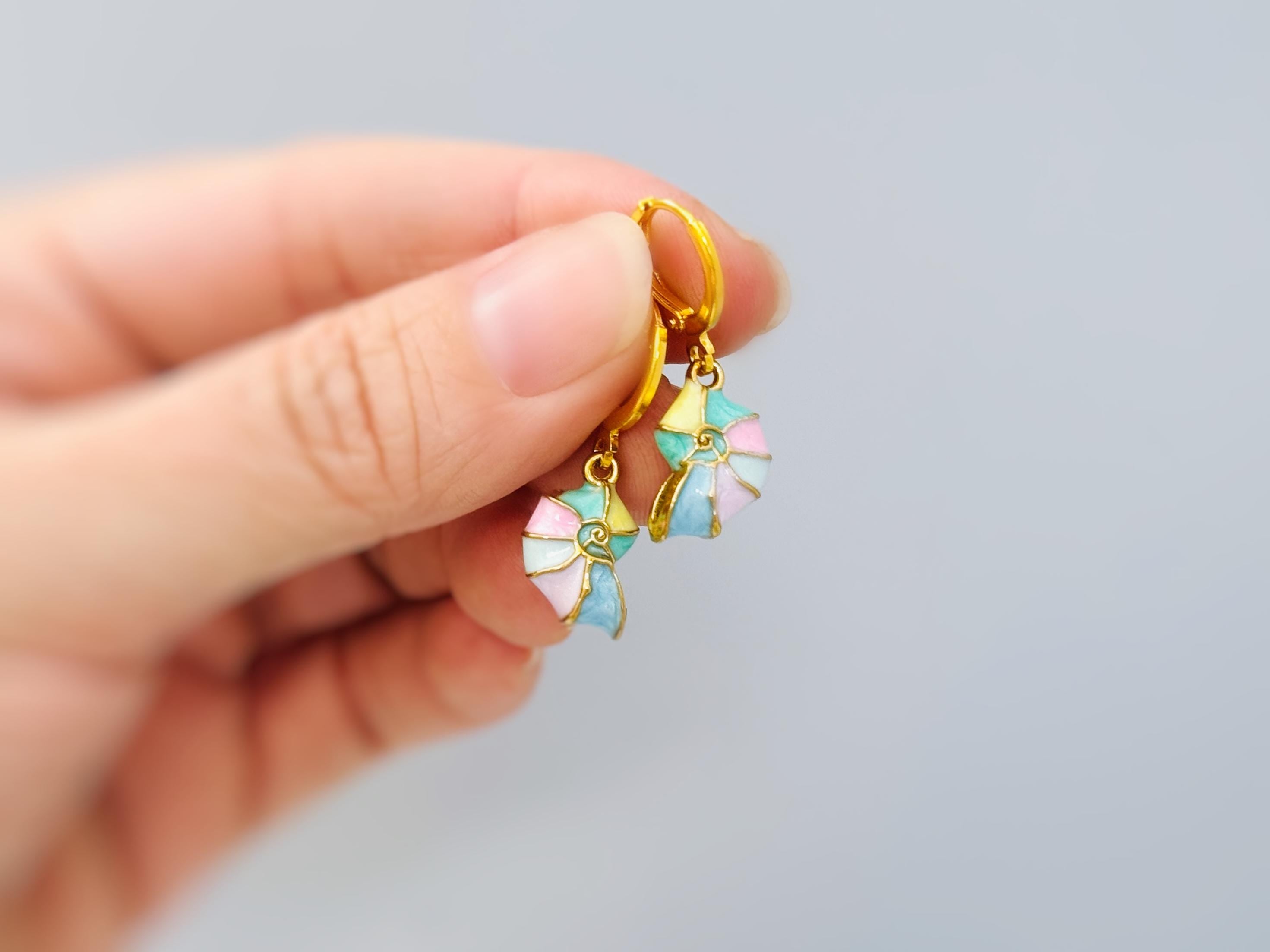 Pastel Nautilus Shell Earrings Gold Huggie Hoop dangle handmade ocean lover gift nature inspired coastal nautical beachy summer jewelry