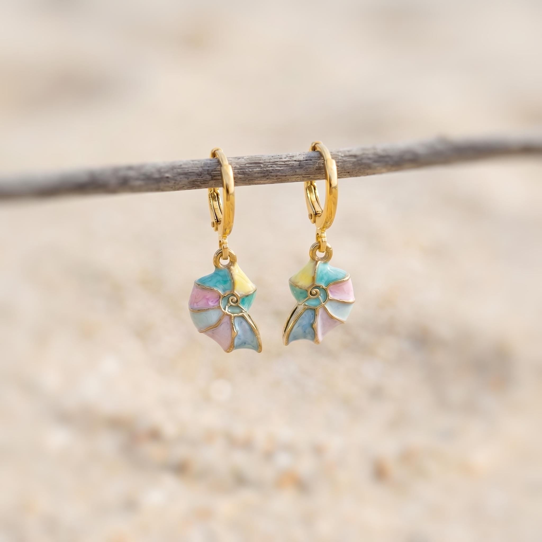 Pastel Nautilus Shell Earrings Gold Huggie Hoop dangle handmade ocean lover gift nature inspired coastal nautical beachy summer jewelry