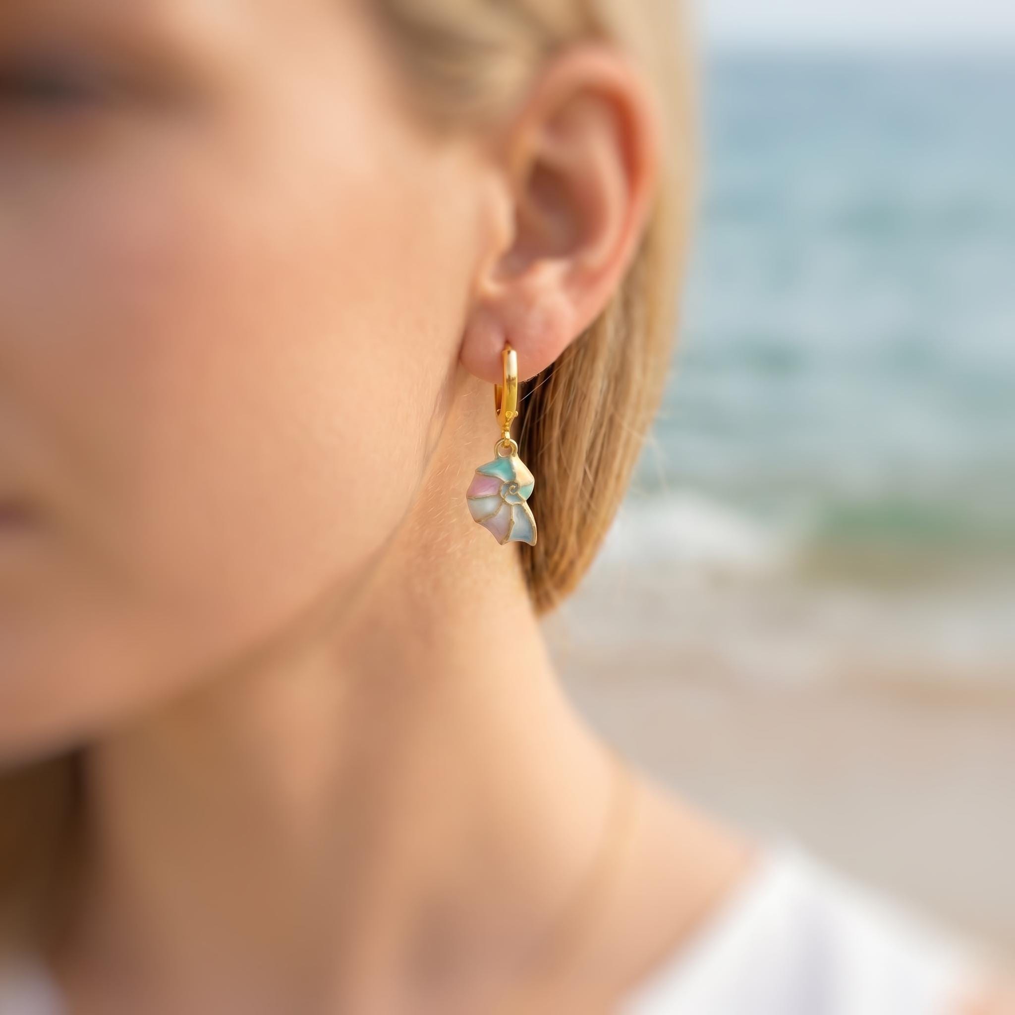 Pastel Nautilus Shell Earrings Gold Huggie Hoop dangle handmade ocean lover gift nature inspired coastal nautical beachy summer jewelry