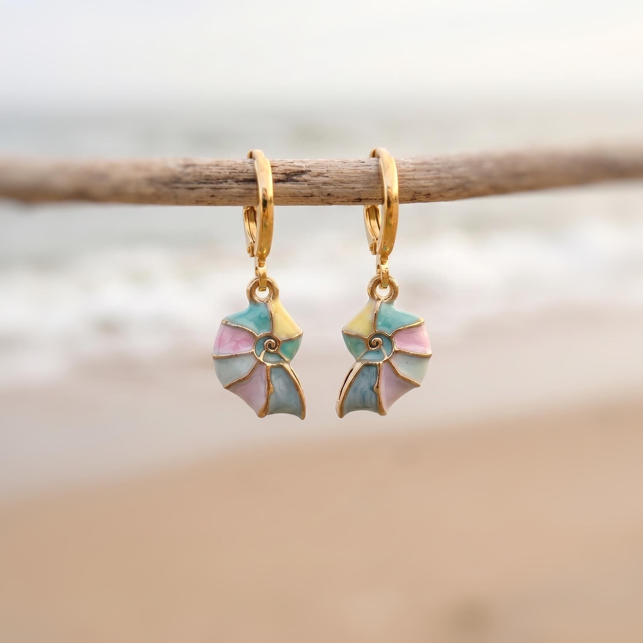 Pastel Nautilus Shell Earrings Gold Huggie Hoop dangle handmade ocean lover gift nature inspired coastal nautical beachy summer jewelry