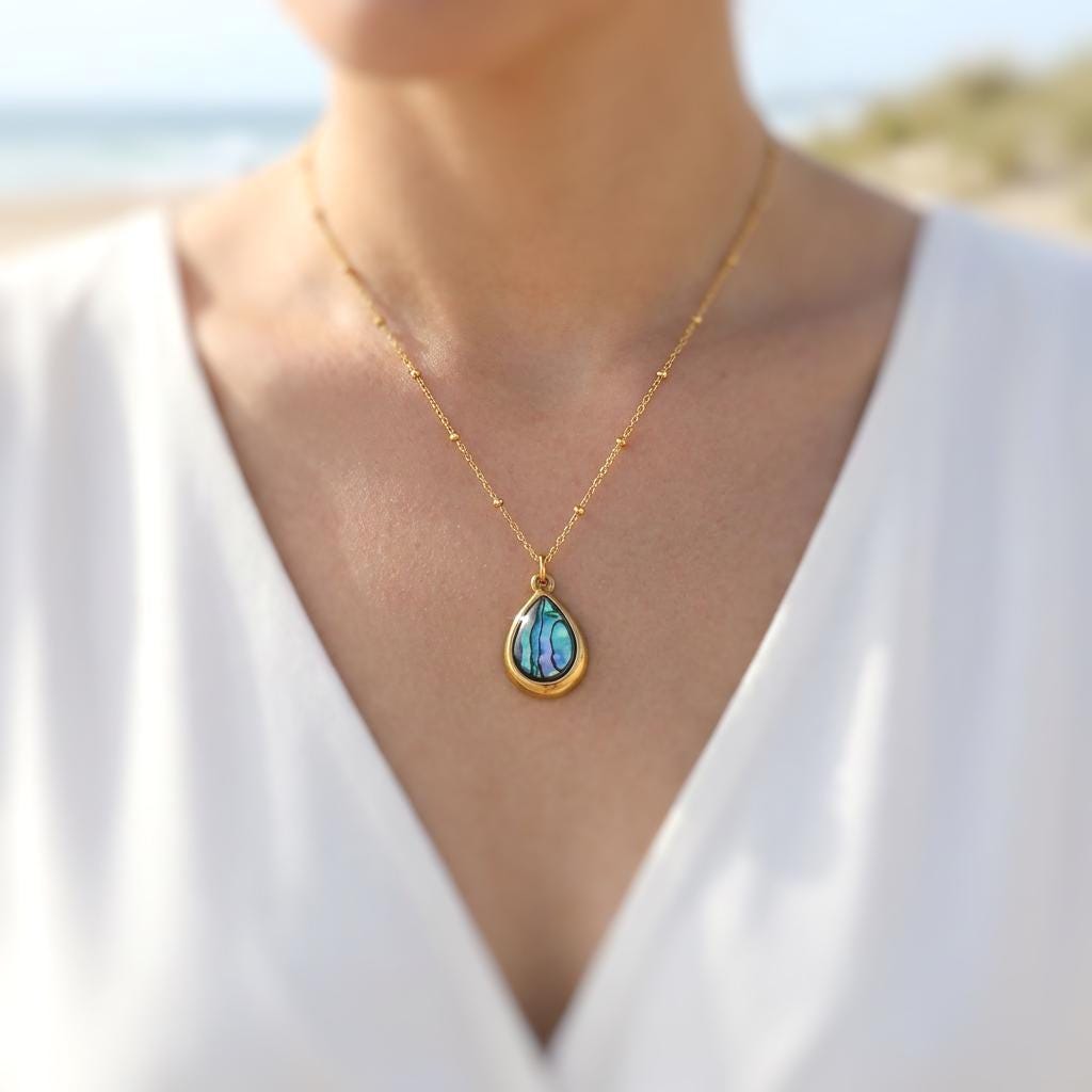 Teardrop Abalone Necklace, Gold Summer Ocean Jewelry, Abalone Shell Pendant Necklace, Coastal Beach Jewelry, Mermaid Necklace Gift for Her