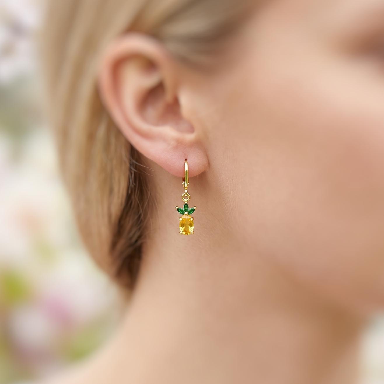 Tiny Pineapple Earrings crystal Gold Huggie Hoops yellow Fruit Charm Earrings, Tropical Summer Jewelry Chef Gift, Cute Summer Earrings