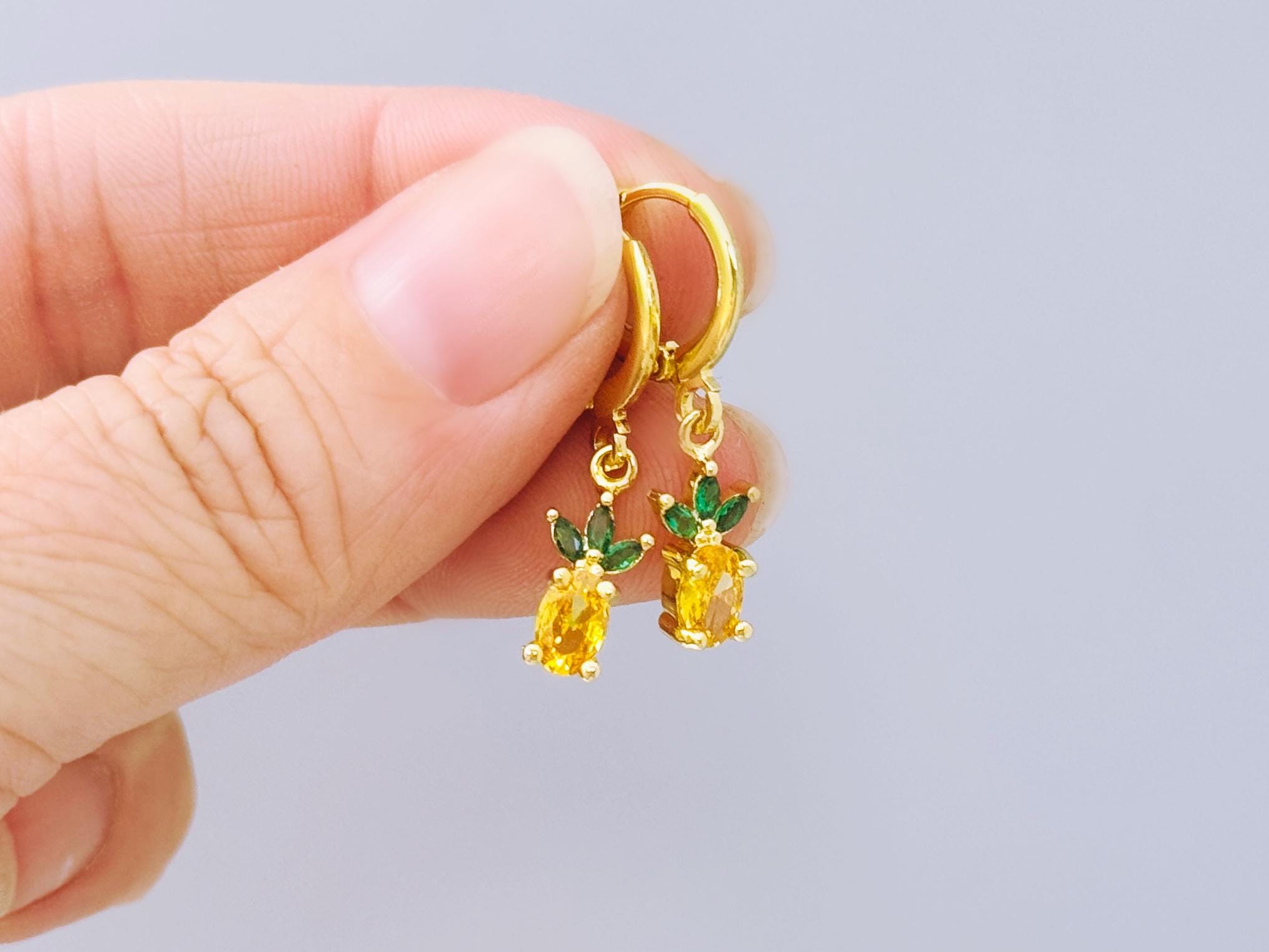 Tiny Pineapple Earrings crystal Gold Huggie Hoops yellow Fruit Charm Earrings, Tropical Summer Jewelry Chef Gift, Cute Summer Earrings