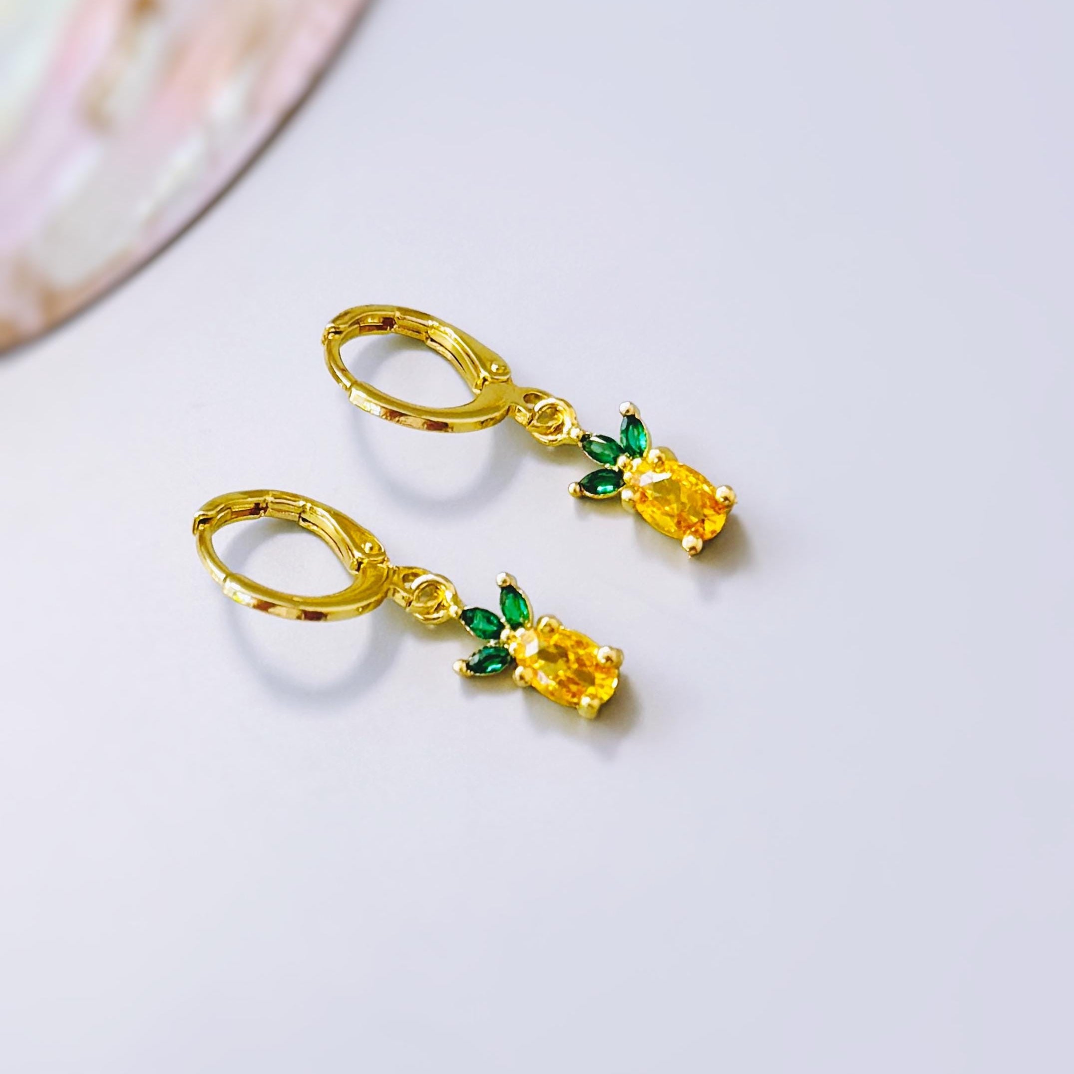Tiny Pineapple Earrings crystal Gold Huggie Hoops yellow Fruit Charm Earrings, Tropical Summer Jewelry Chef Gift, Cute Summer Earrings