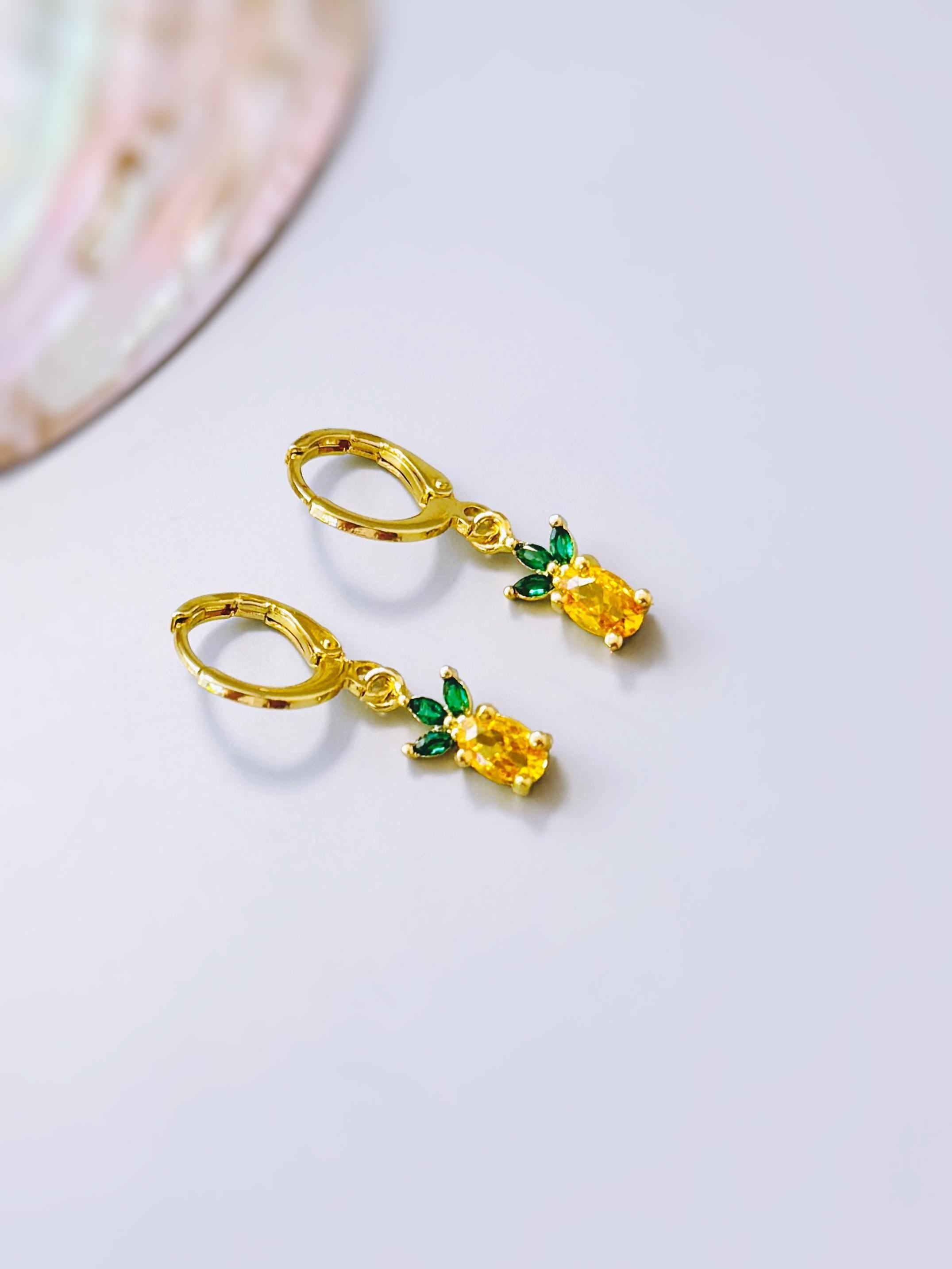 Tiny Pineapple Earrings crystal Gold Huggie Hoops yellow Fruit Charm Earrings, Tropical Summer Jewelry Chef Gift, Cute Summer Earrings