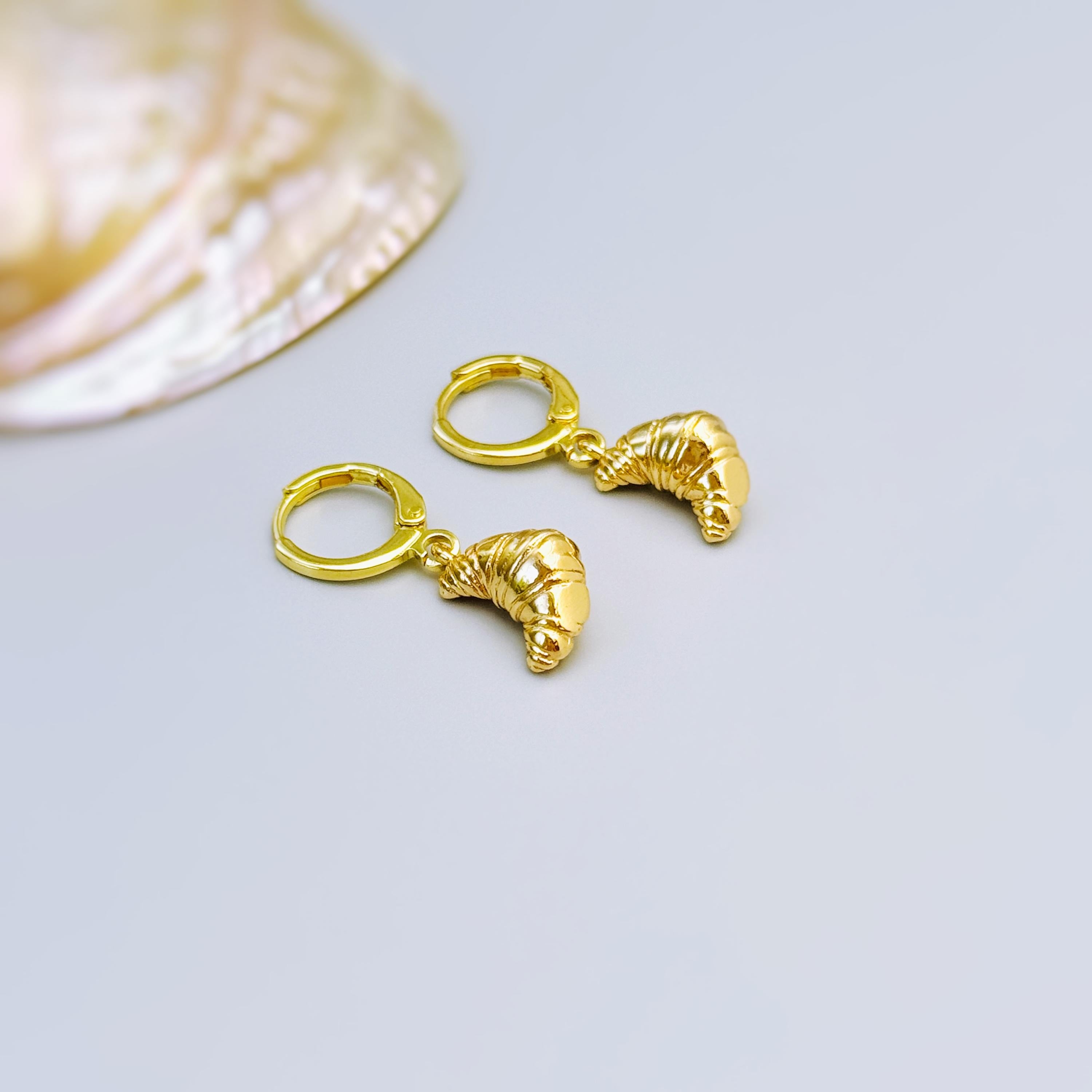 Dainty Croissant Earrings gold Huggie Hoops, cute trendy miniature food jewelry, unique fun whimsical bread gift for chef, baker, foodie