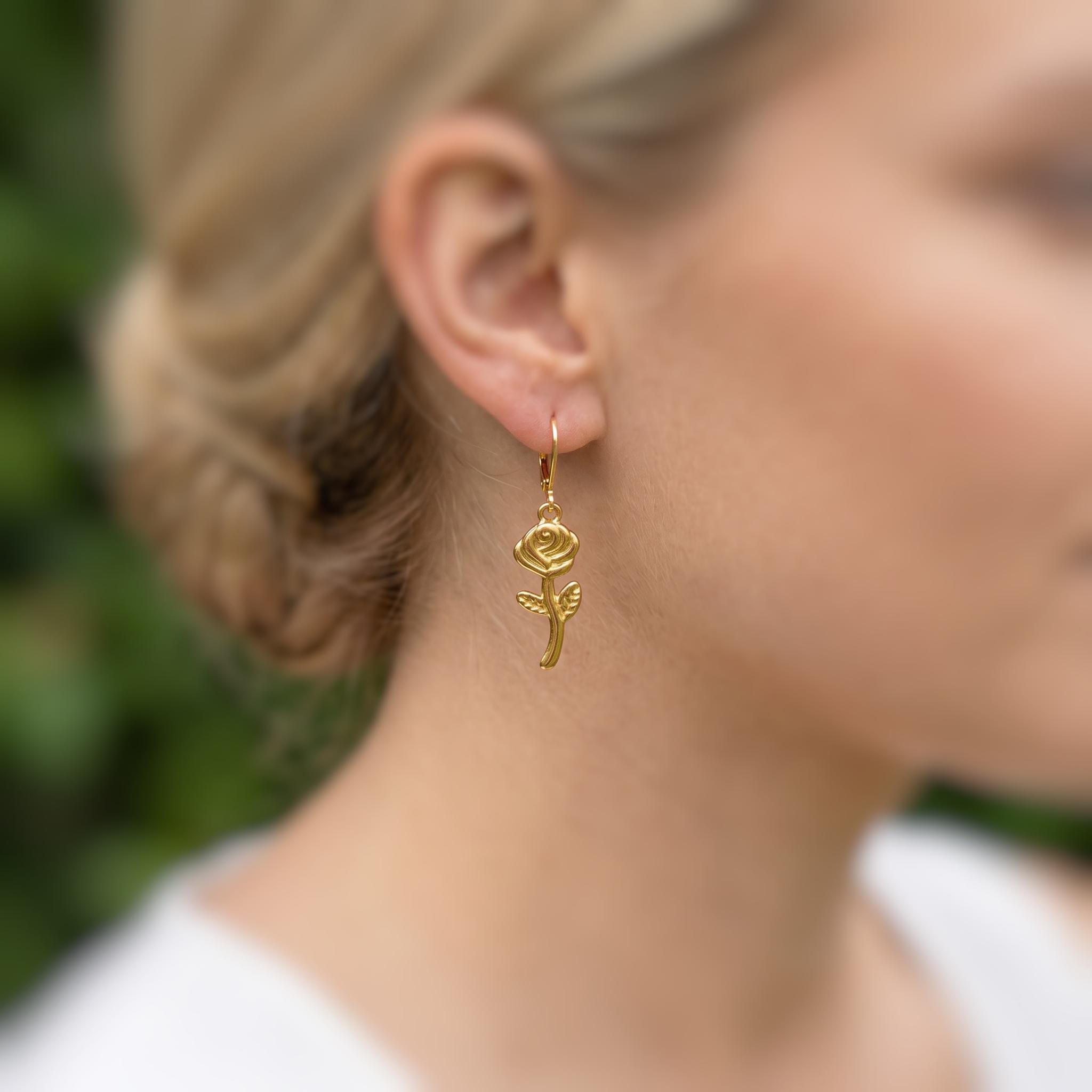 Gold Rose Earrings Dangle handmade June birth flower jewelry, romantic elegant June Birth Flower nature botanical Birthday gift for gardener