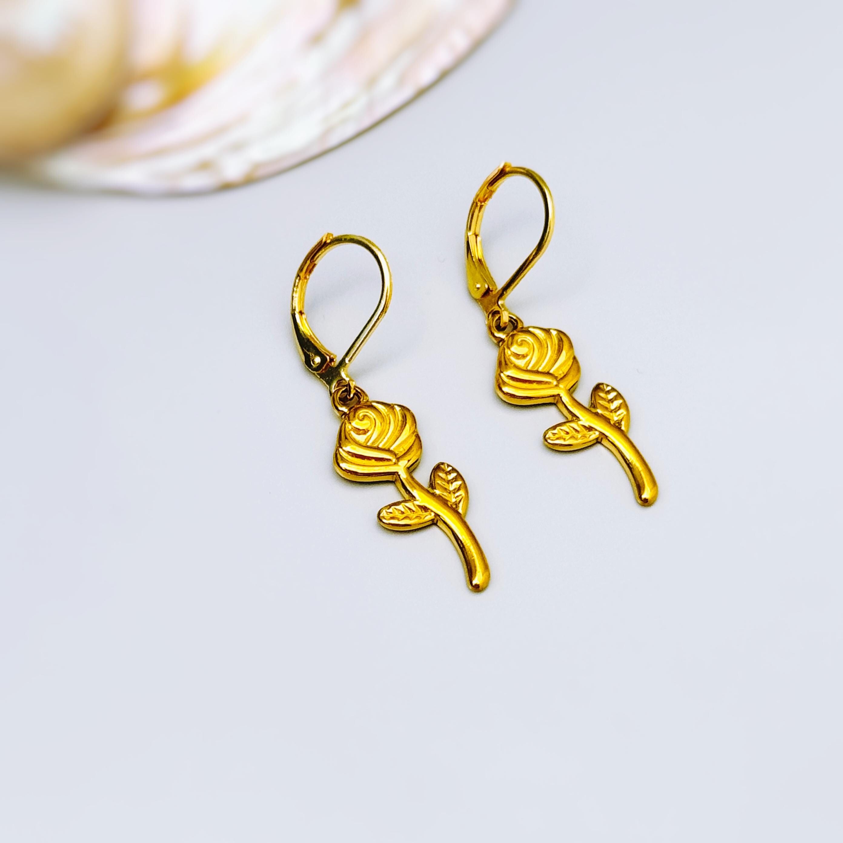 Gold Rose Earrings Dangle handmade June birth flower jewelry, romantic elegant June Birth Flower nature botanical Birthday gift for gardener