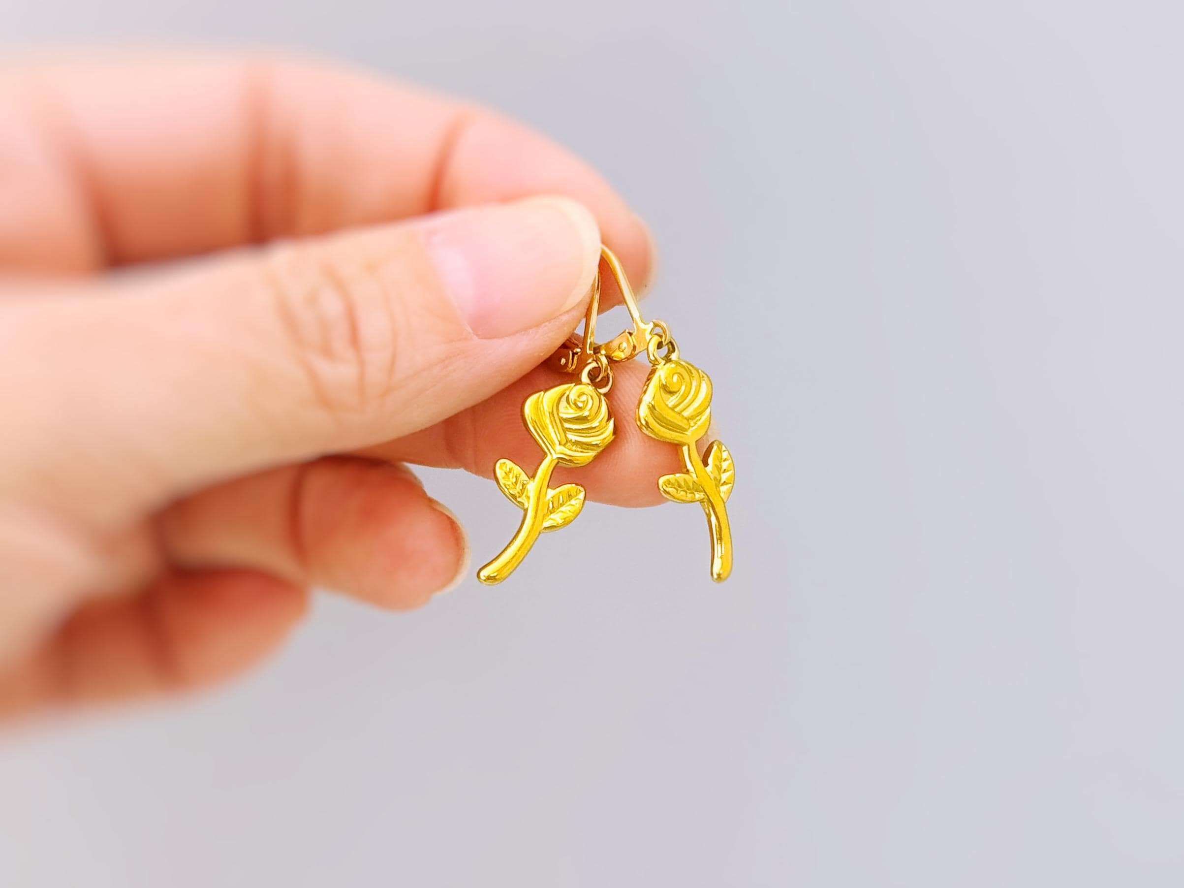 Gold Rose Earrings Dangle handmade June birth flower jewelry, romantic elegant June Birth Flower nature botanical Birthday gift for gardener