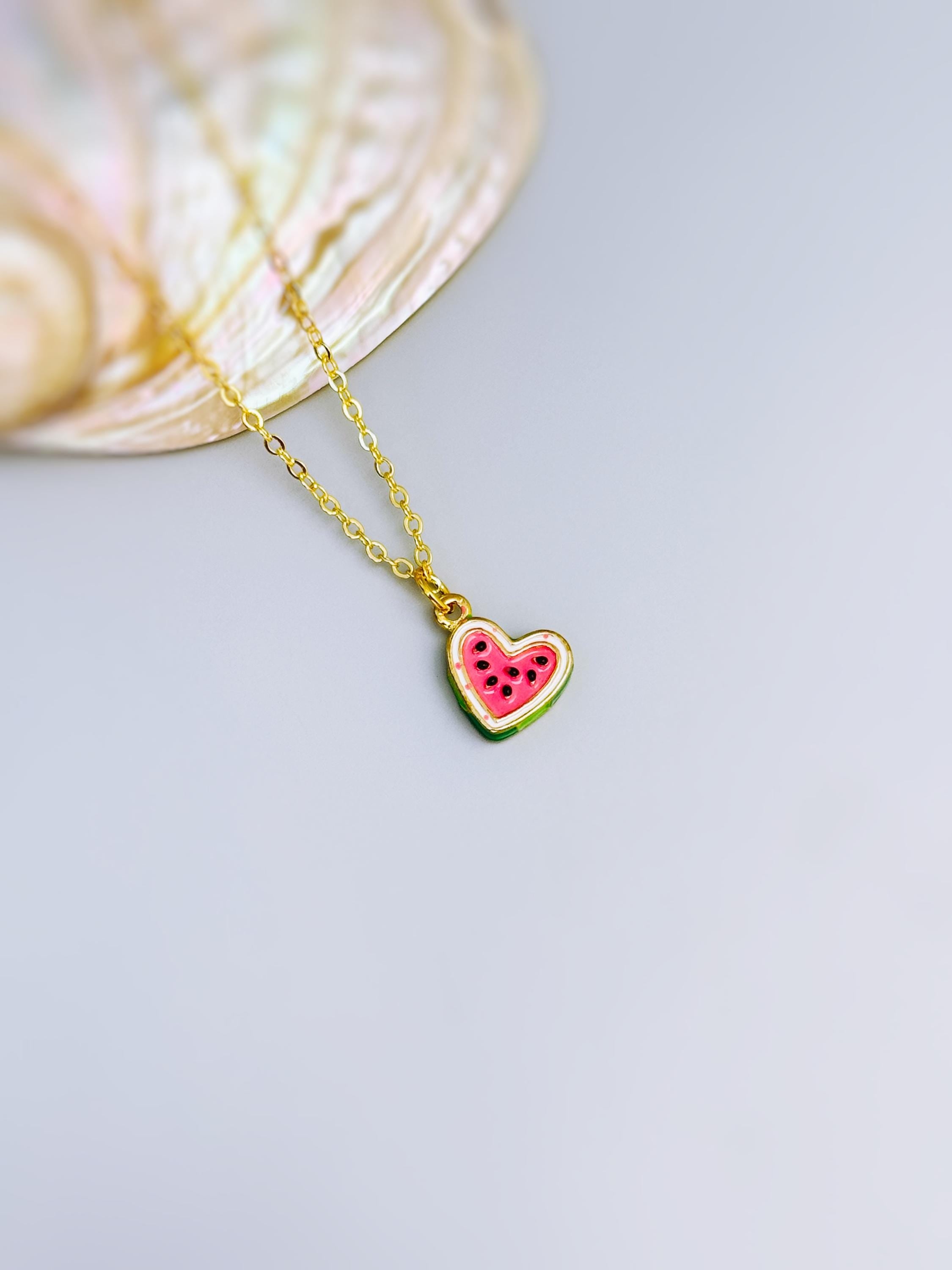 Watermelon Necklace gold heart cute summer jewelry gift for her unique fun miniature fruit jewelry for her cutecore gift for teens, daughter