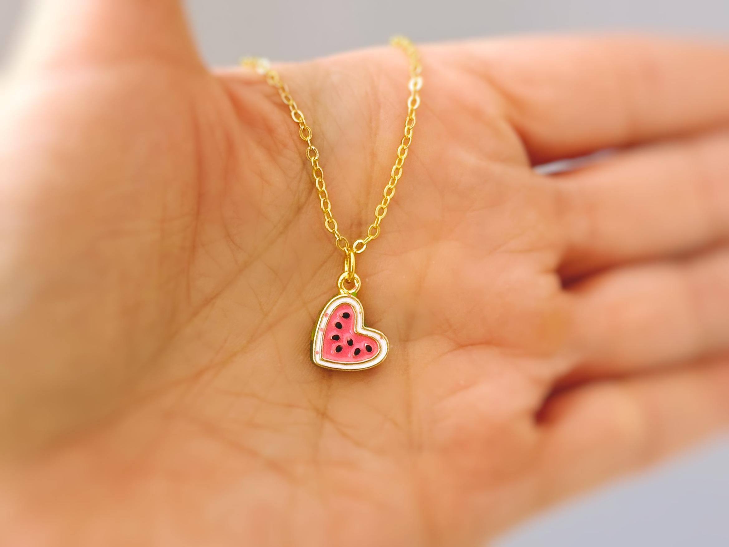 Watermelon Necklace gold heart cute summer jewelry gift for her unique fun miniature fruit jewelry for her cutecore gift for teens, daughter