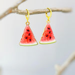 Watermelon Earrings Gold Huggie Hoops Cute Summer Jewelry Pink Fruit Charm Earrings Cottagecore Jewelry for Chef Gift for gardeners, women
