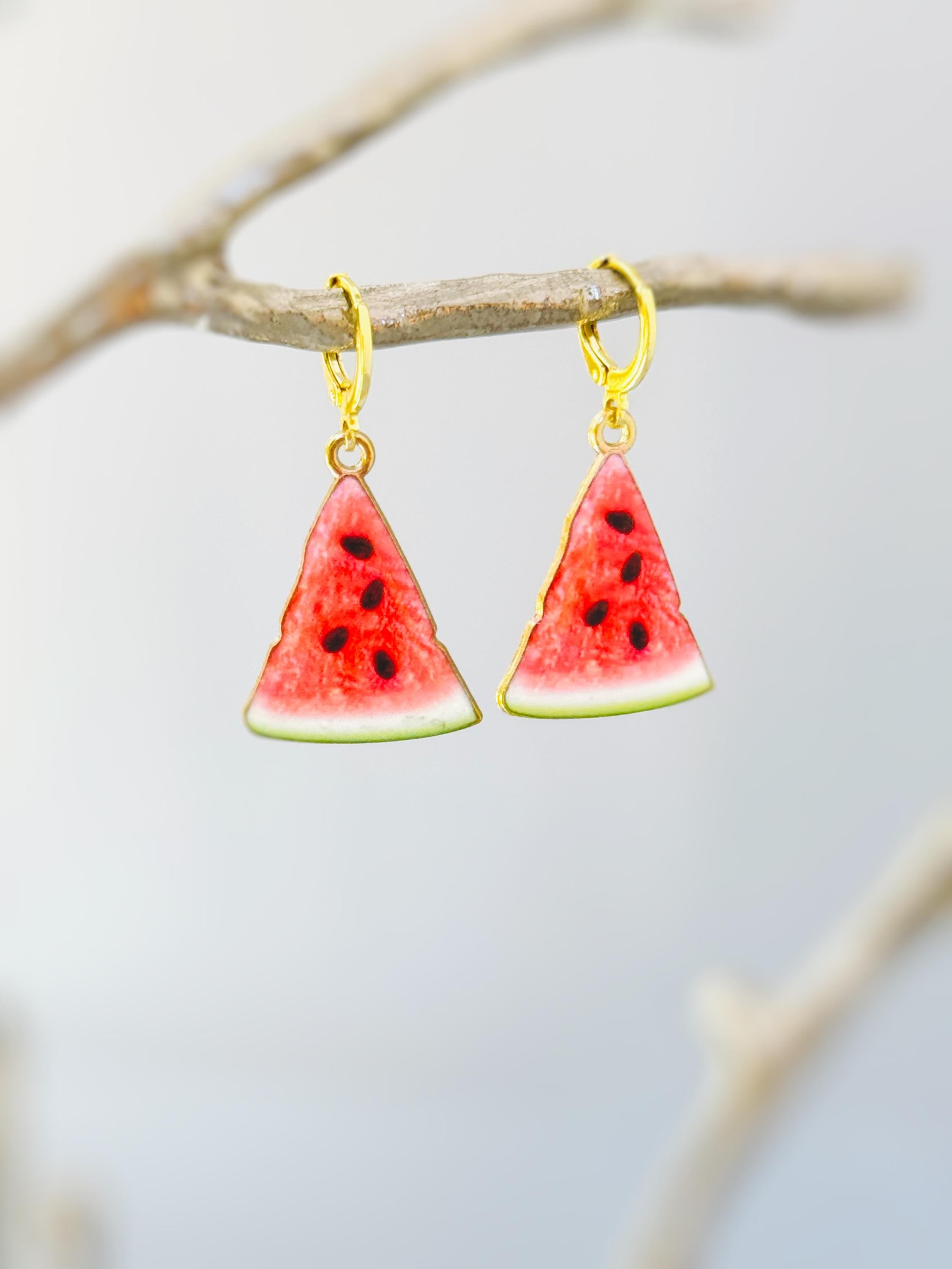 Watermelon Earrings Gold Huggie Hoops Cute Summer Jewelry Pink Fruit Charm Earrings Cottagecore Jewelry for Chef Gift for gardeners, women