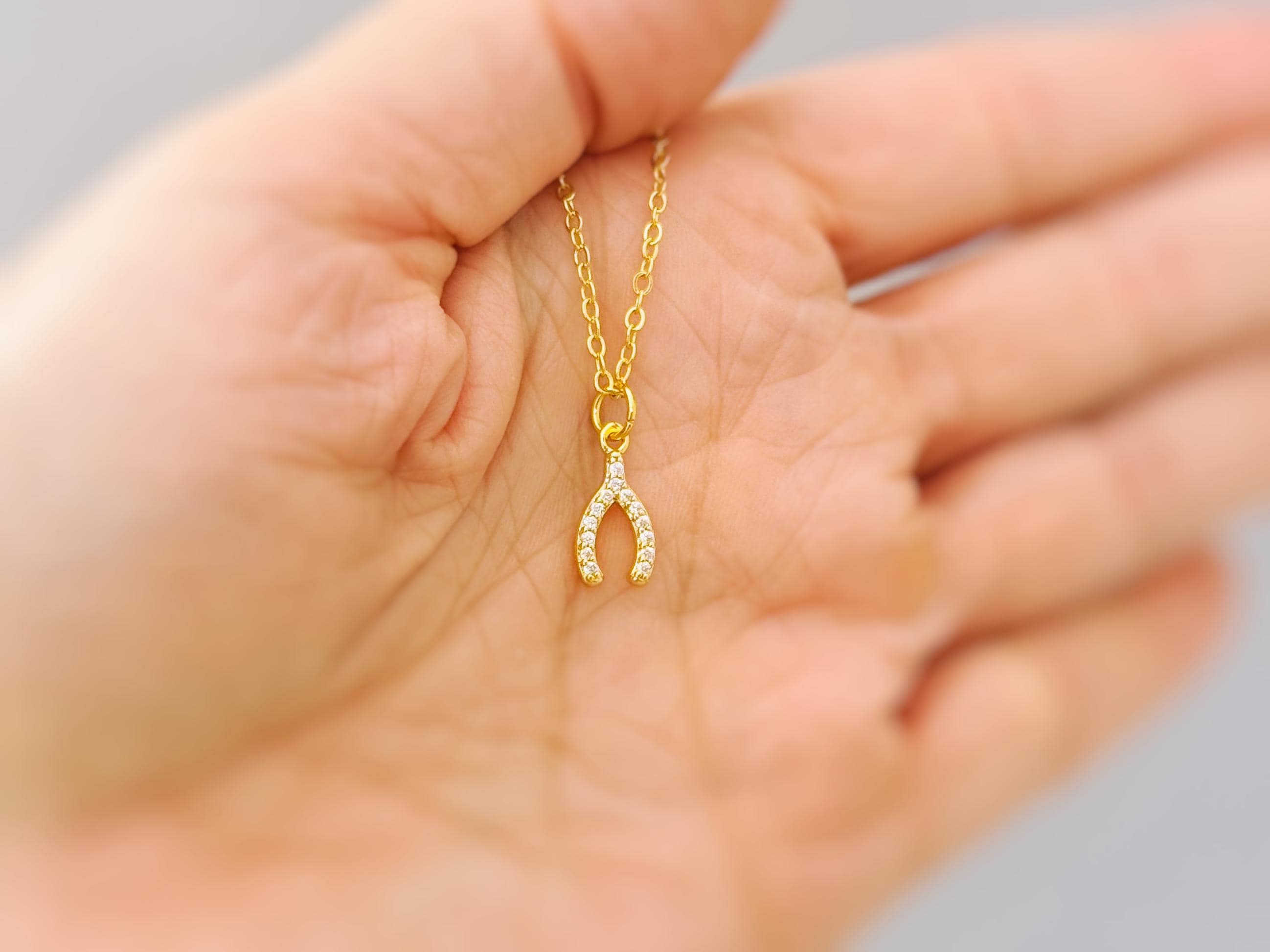 Tiny Crystal Wishbone Necklace Gold, Lucky Charm Necklace, Dainty Minimalist Jewelry, Good Luck Gift for women, Delicate Layering Necklace