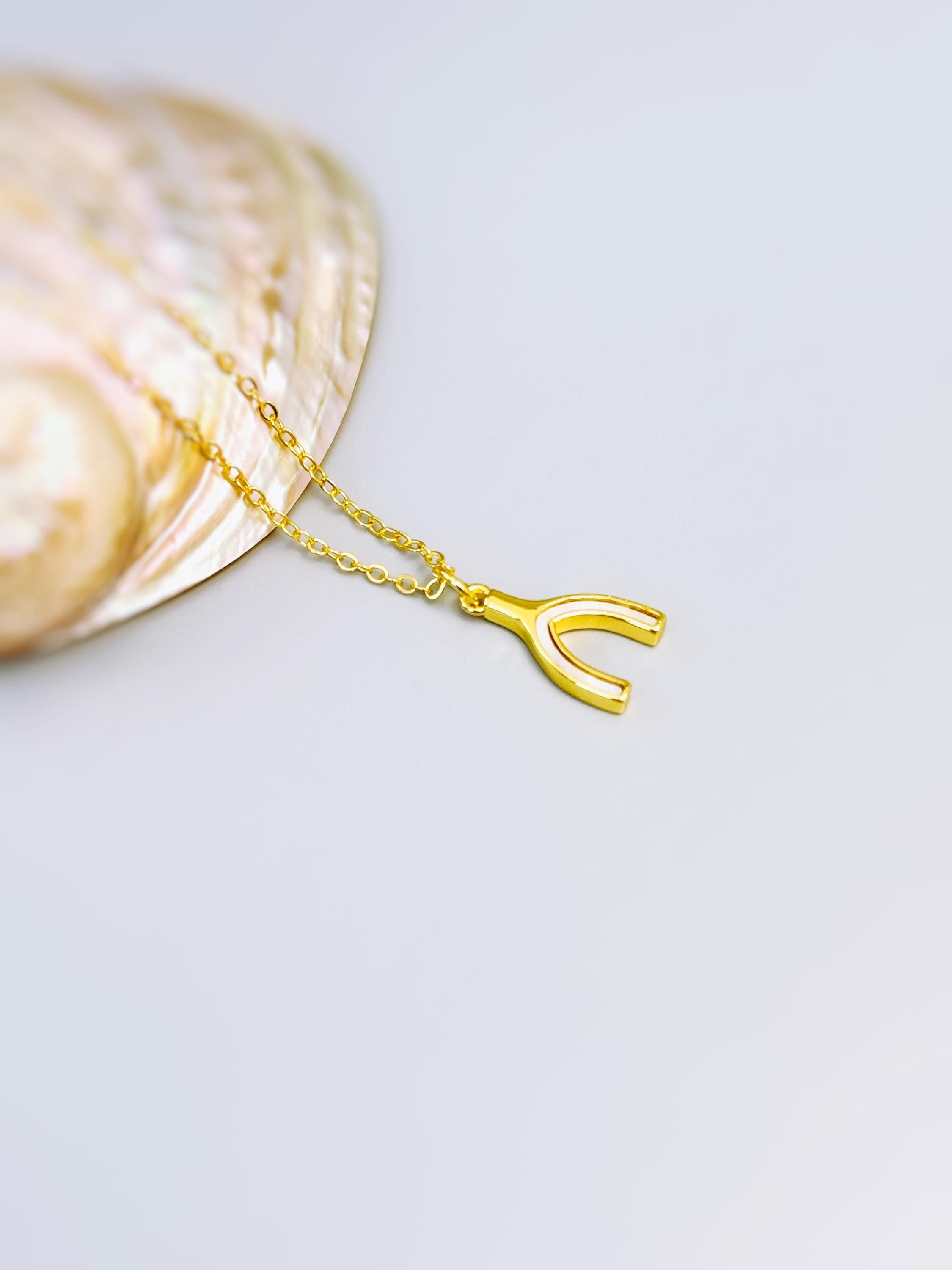 Mother of Pearl Wishbone Necklace Gold, Lucky Charm Necklace, Dainty Minimalist Jewelry, Good Luck Gift for her Layering Necklace for women