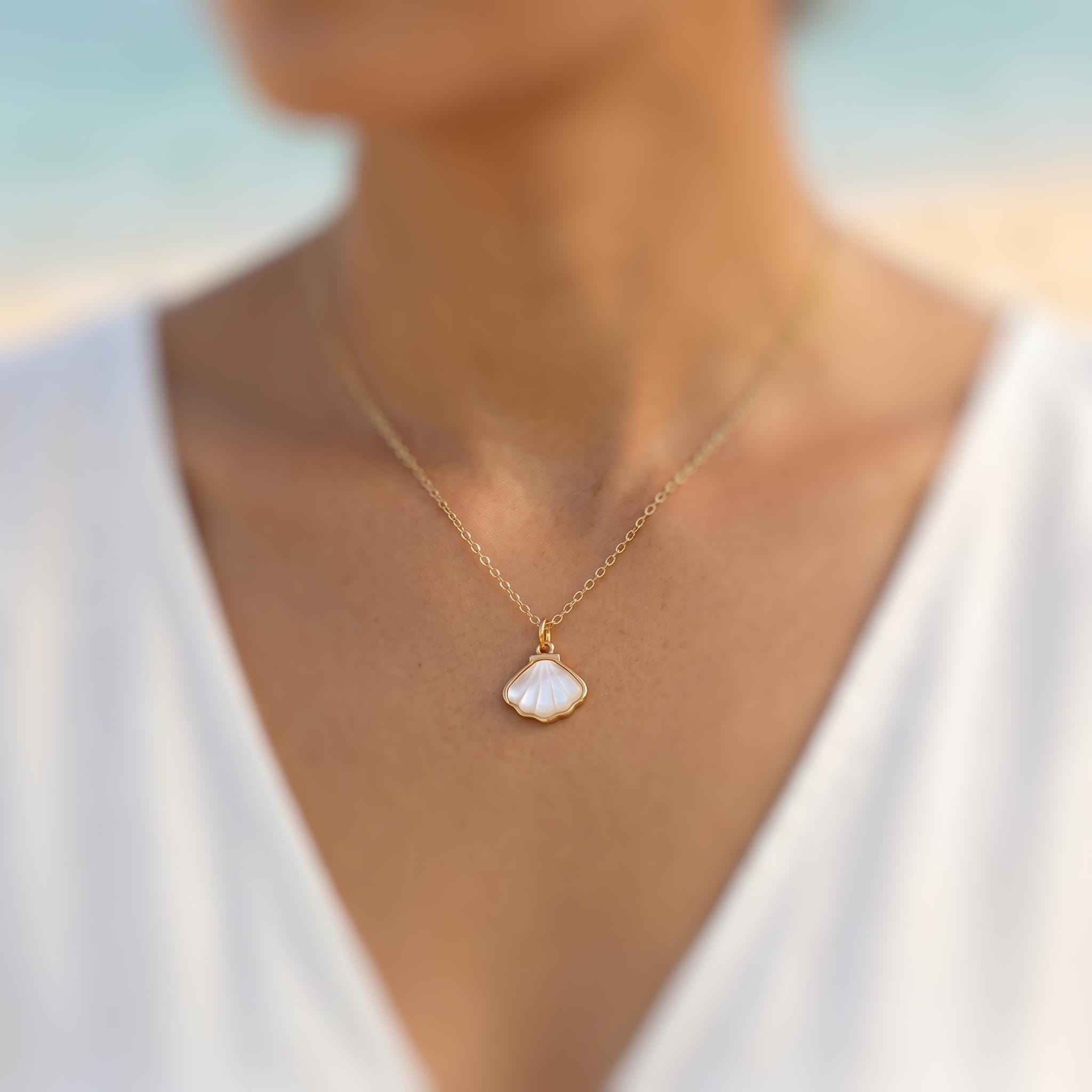 Mother of Pearl Shell Necklace Gold Summer Jewelry June Birthstone Nautical Ocean Coastal Beach Jewelry Gift for Her Shell Pendant for women
