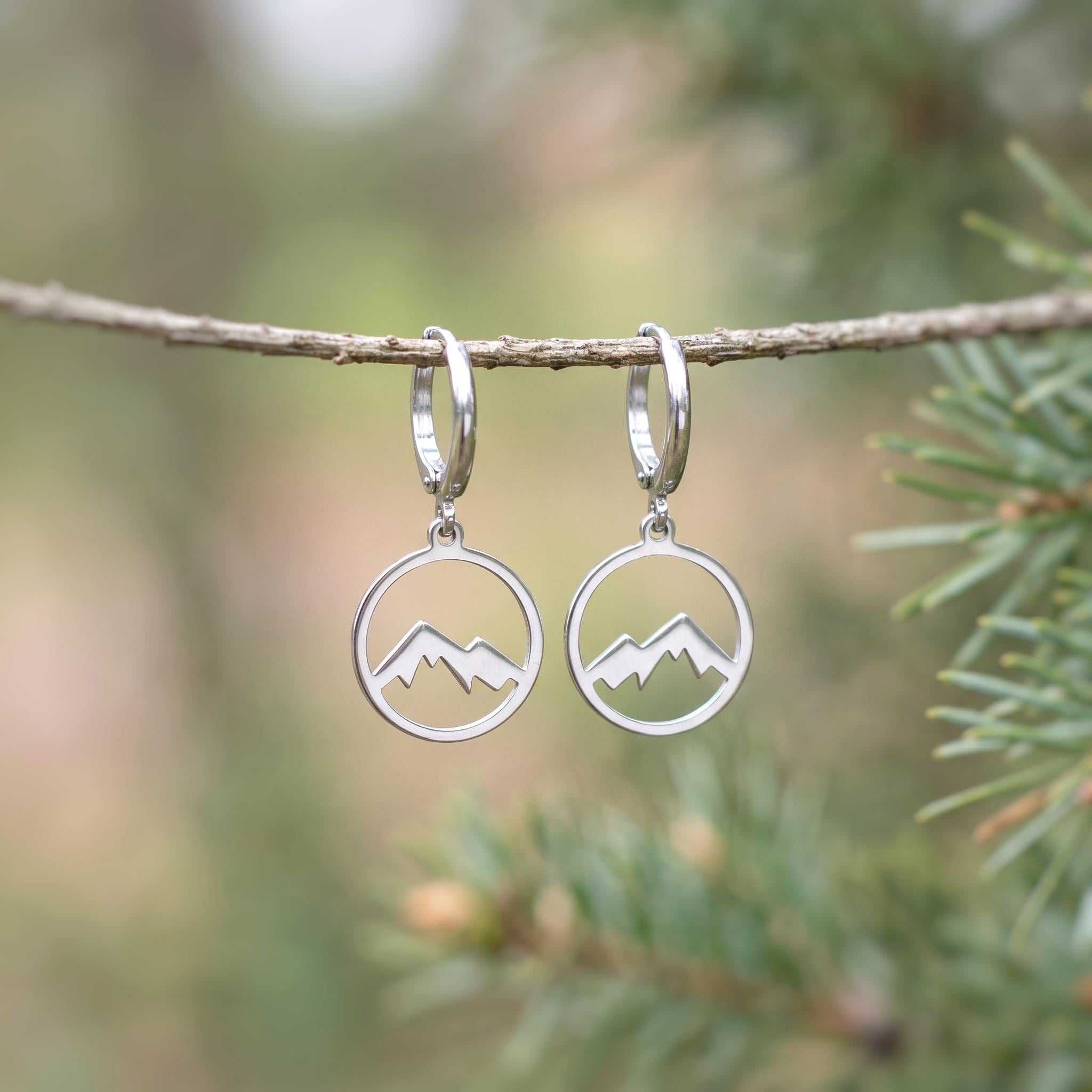 Silver Mountain Earrings Huggie Hoop dangle gold hoops handmade nature jewelry gift for hikers, campers, skiers bff Colorado smoky mountains