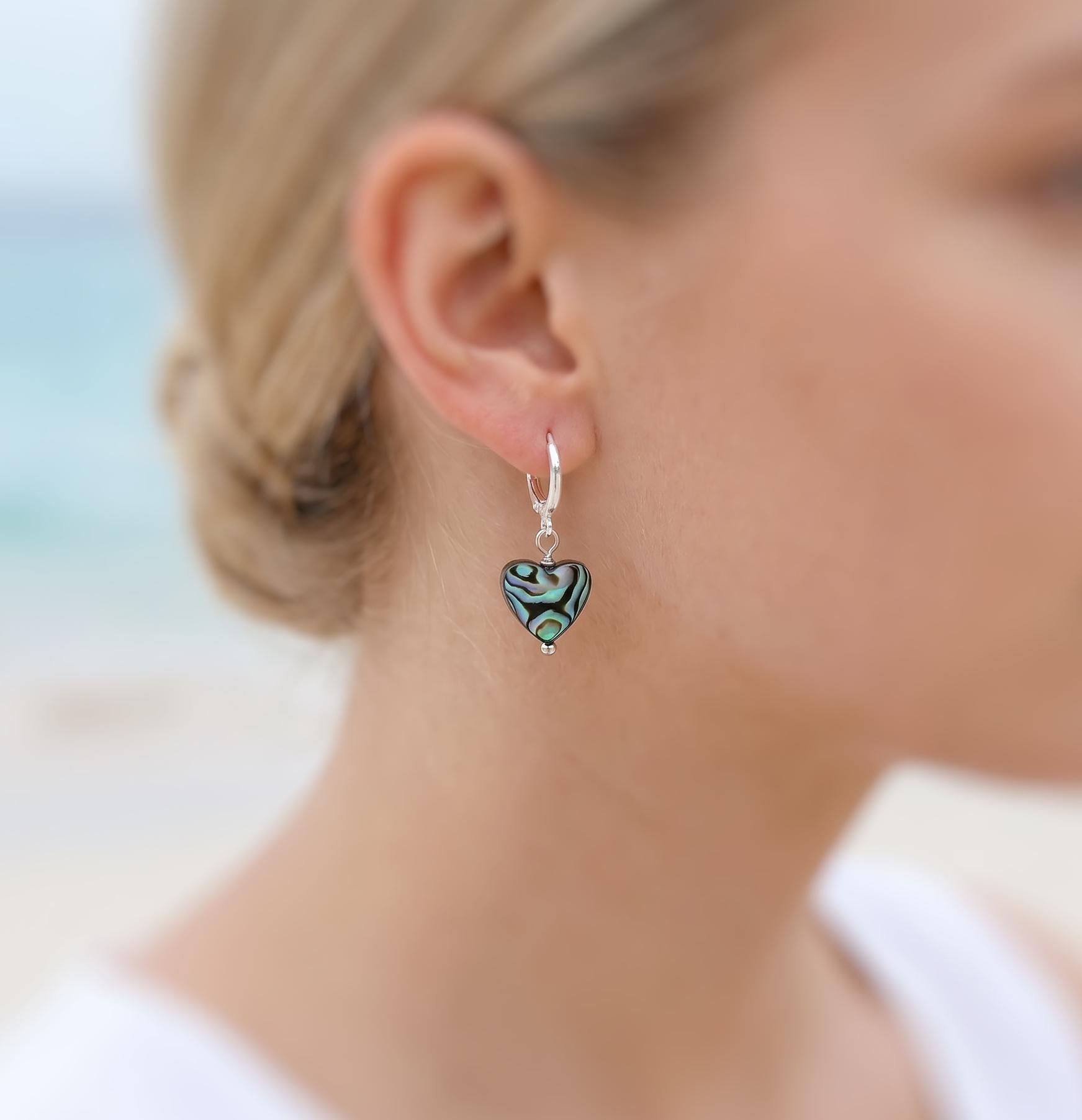 Abalone Heart Earrings Huggie Hoops Gold, Silver, Rose Gold