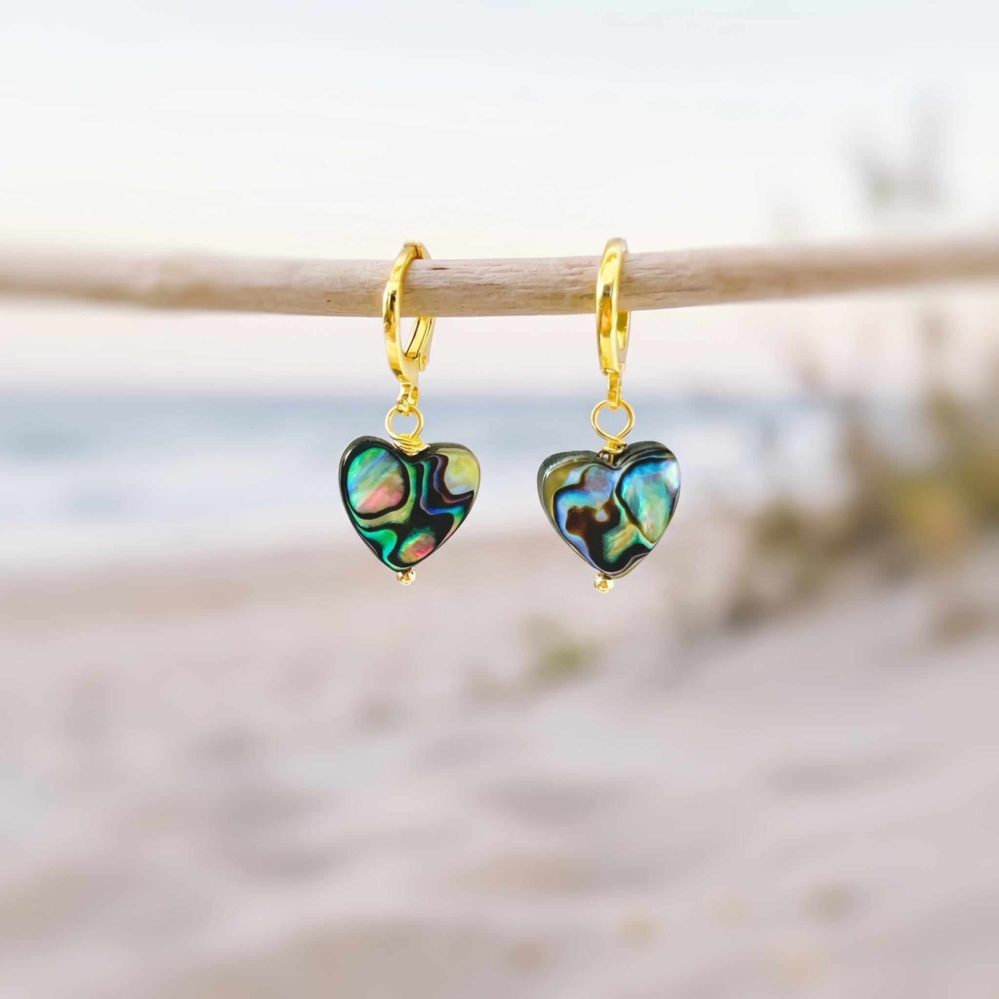 Abalone Heart Earrings Huggie Hoops Gold, Silver, Rose Gold