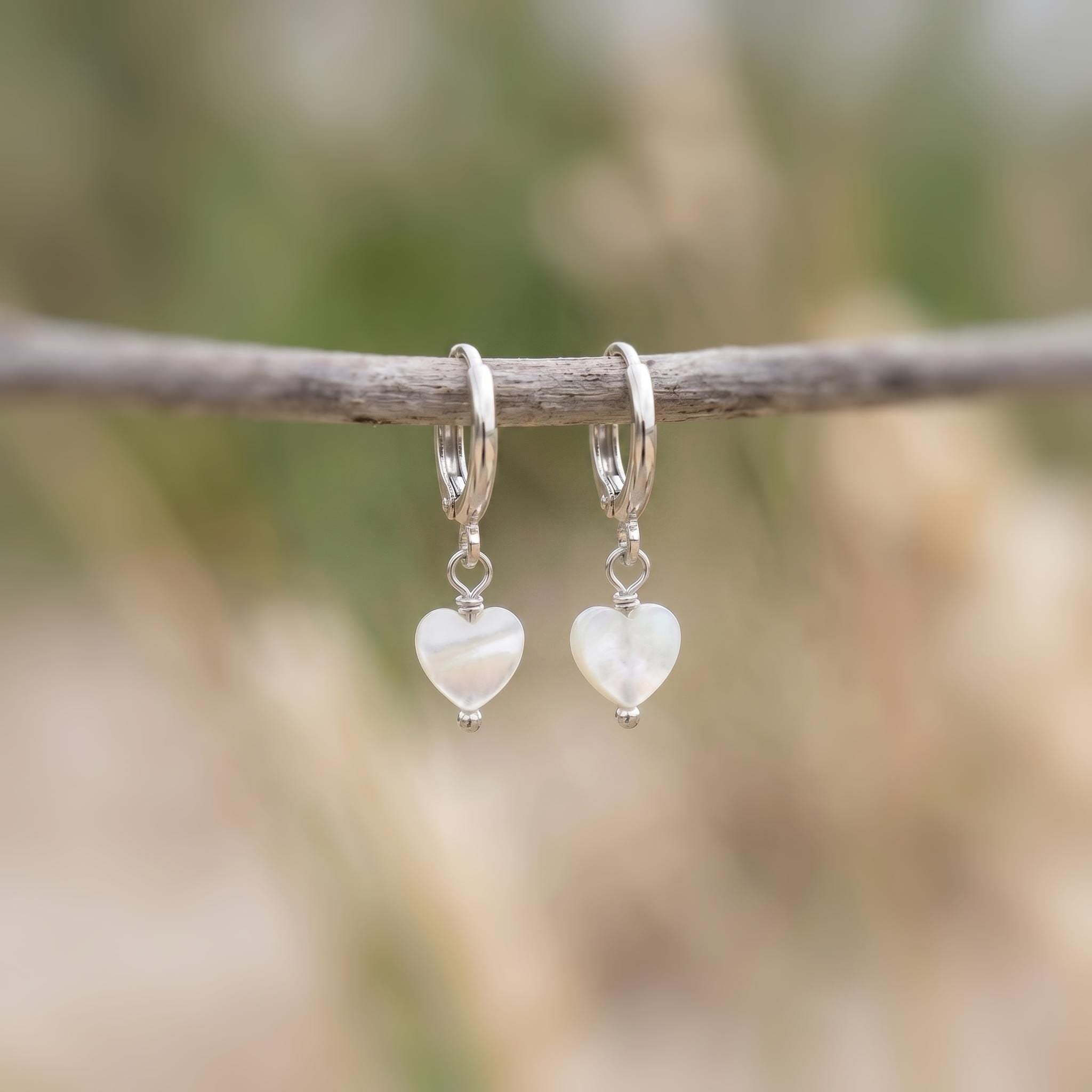 Dainty Gold Mother of Pearl Heart Earrings Huggie Hoops Dangle charms Silver, Rose Gold romantic June Birthstone birthday gift wife mom bff