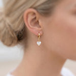 Dainty Gold Mother of Pearl Heart Earrings Huggie Hoops Dangle charms Silver, Rose Gold romantic June Birthstone birthday gift wife mom bff