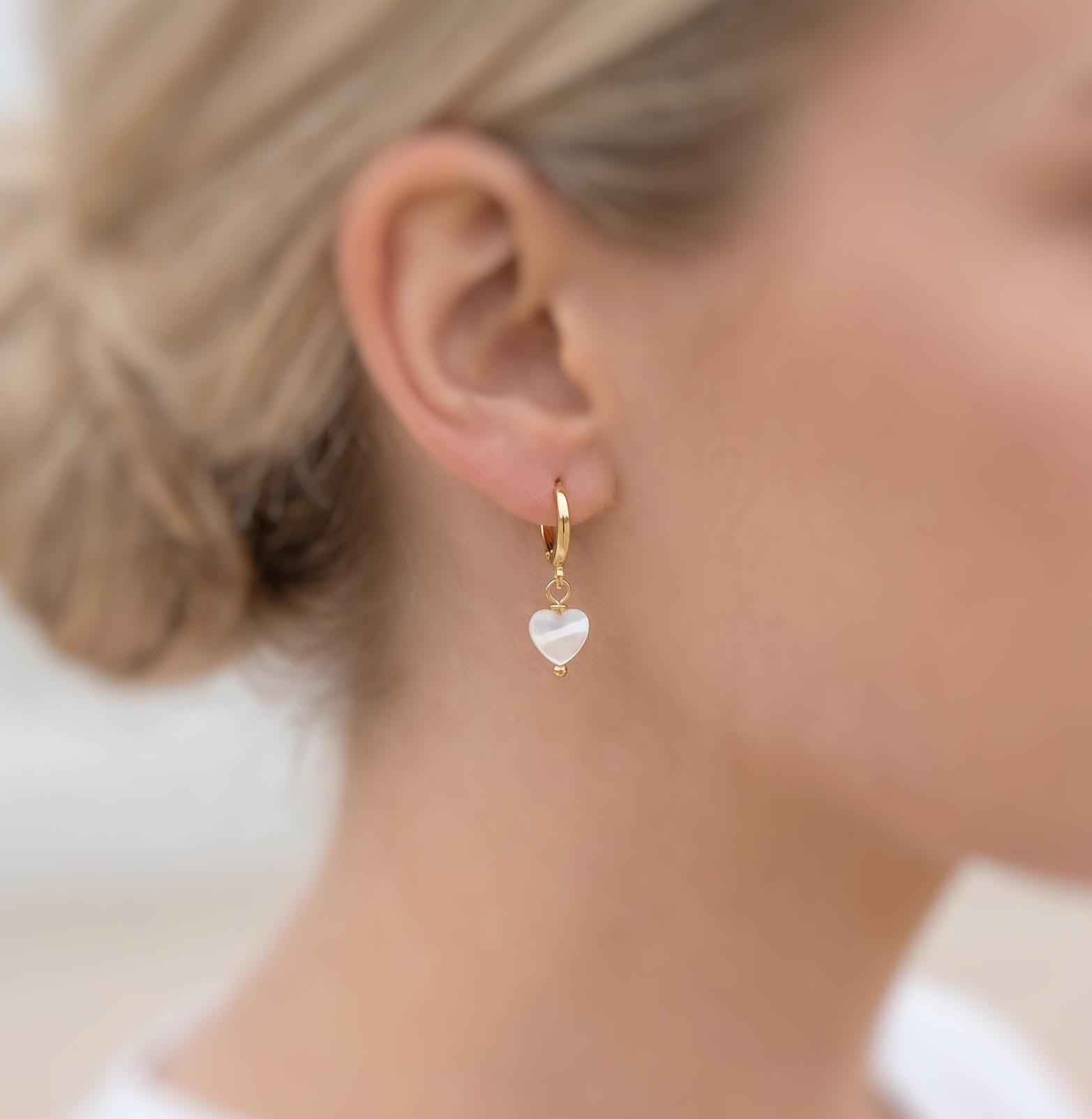 Dainty Gold Mother of Pearl Heart Earrings Huggie Hoops Dangle charms Silver, Rose Gold romantic June Birthstone birthday gift wife mom bff