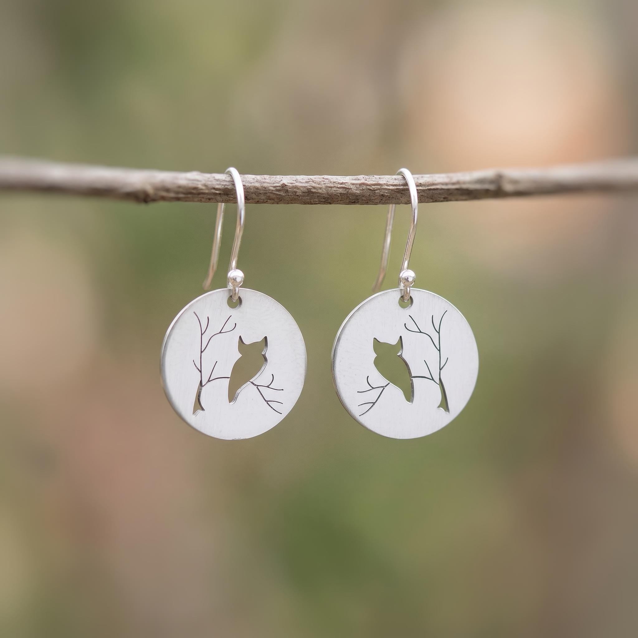Owl Earrings dangle silver handmade witchy jewelry unique dangling spooky gothic earrings gift for nature and bird lovers, mom, sister, bff