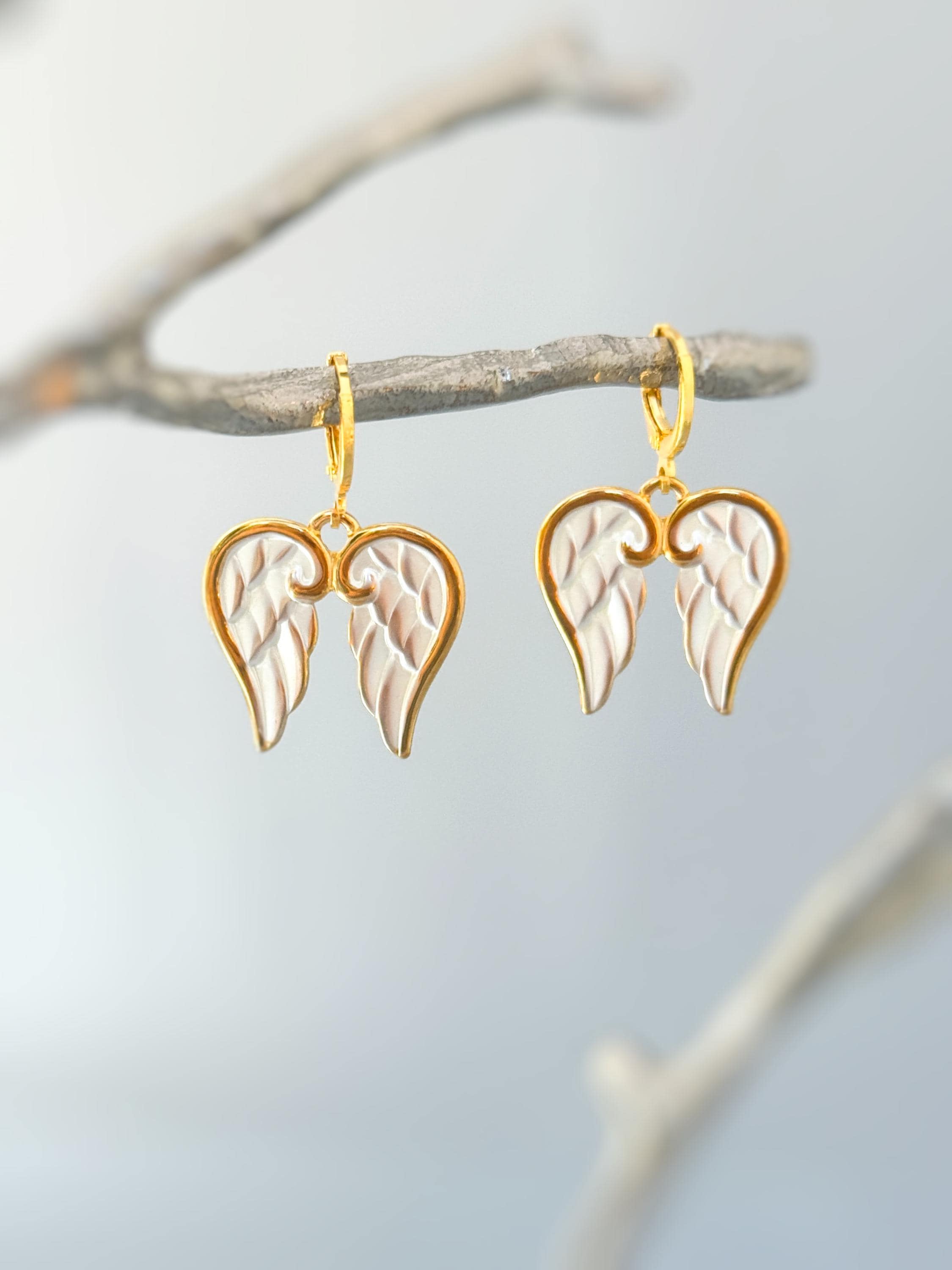 Angel Wing Earrings Gold Huggie Hoop Earrings Dangle religious Catholic sympathy memorial Christian faith jewelry baptism Earrings for women