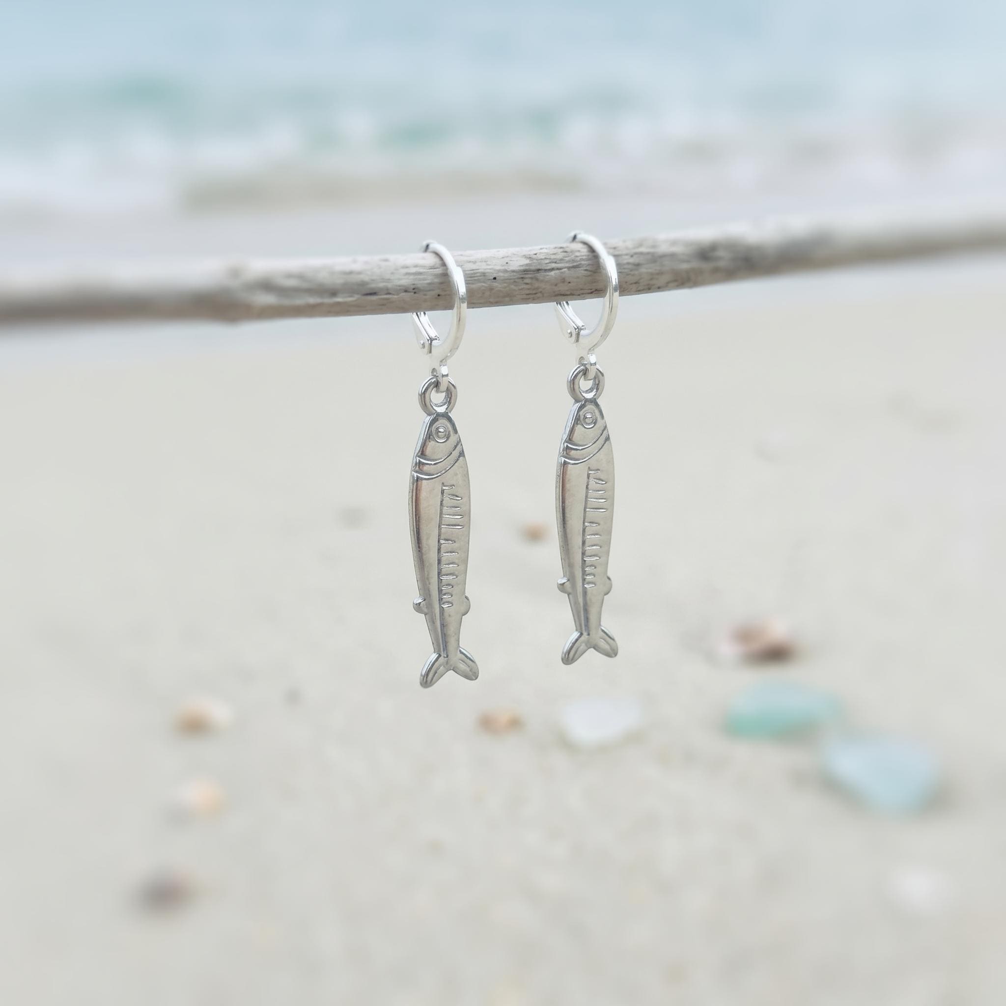 Sardine Earrings Silver, Gold Huggie Hoops, cute fish earrings trendy ocean jewelry, unique whimsical novelty coastal nautical gift for her