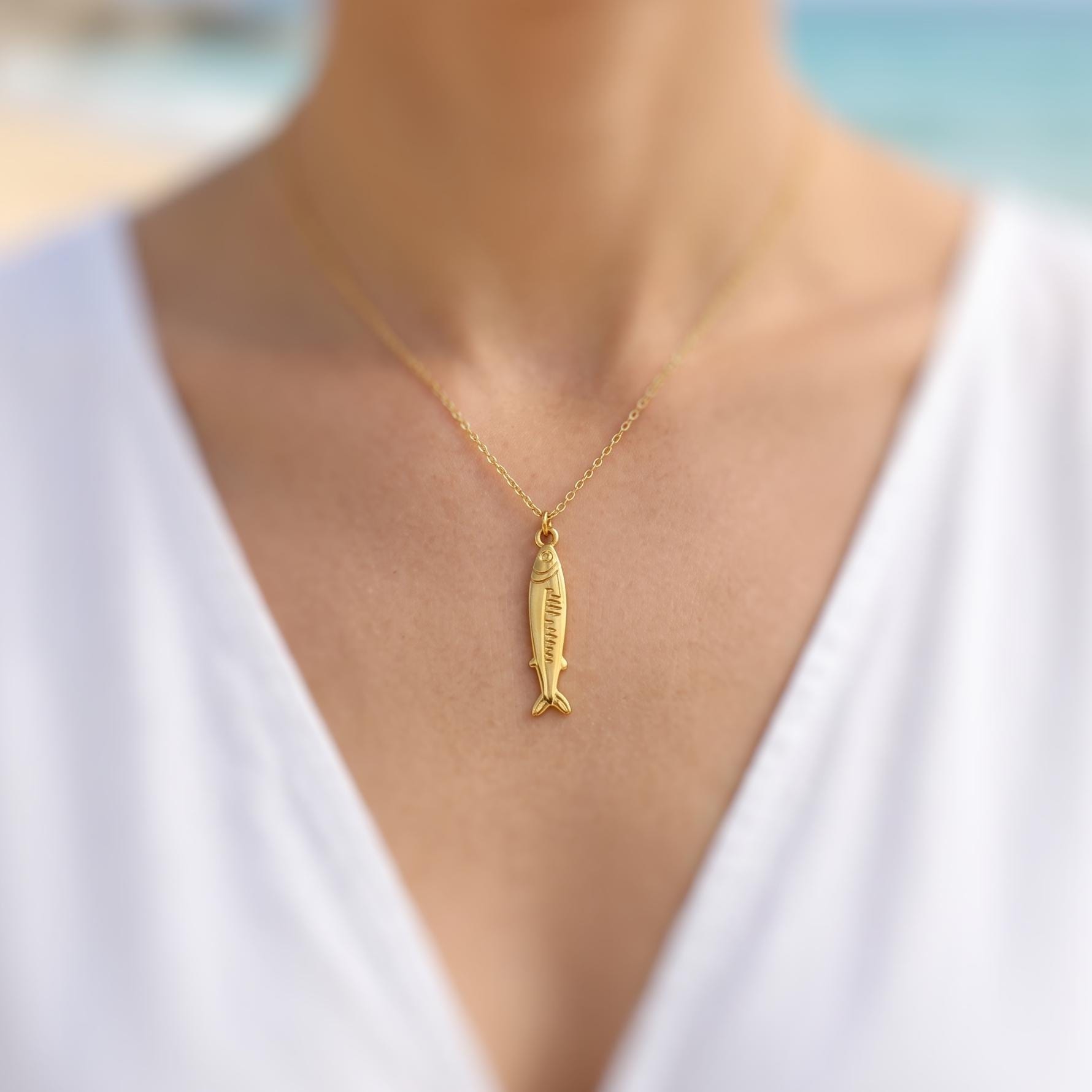 Sardine Necklace silver, gold nautical trendy summer ocean jewelry, unique whimsical novelty coastal gift for her