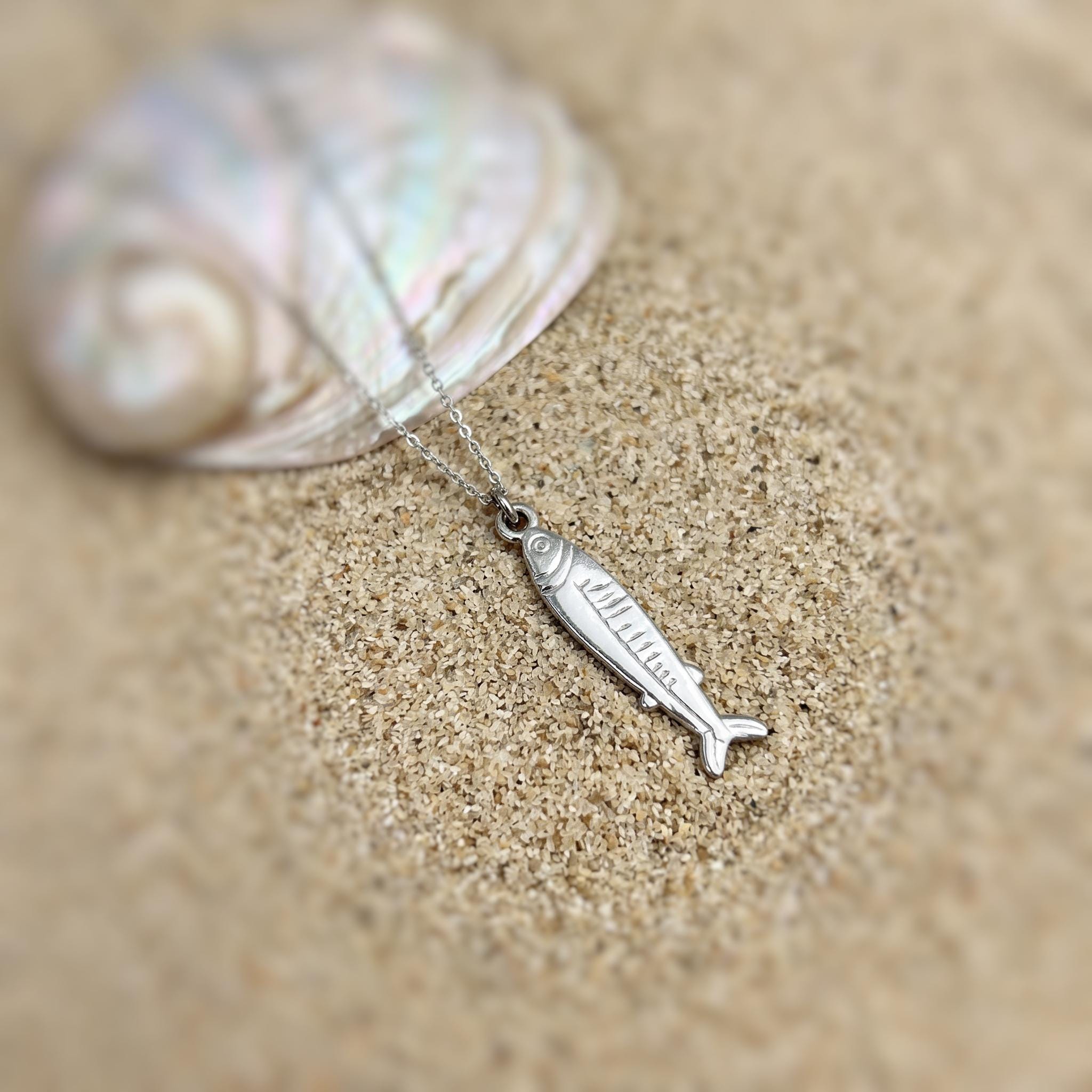 Sardine Necklace silver, gold  nautical trendy summer ocean jewelry, unique whimsical novelty coastal gift for her