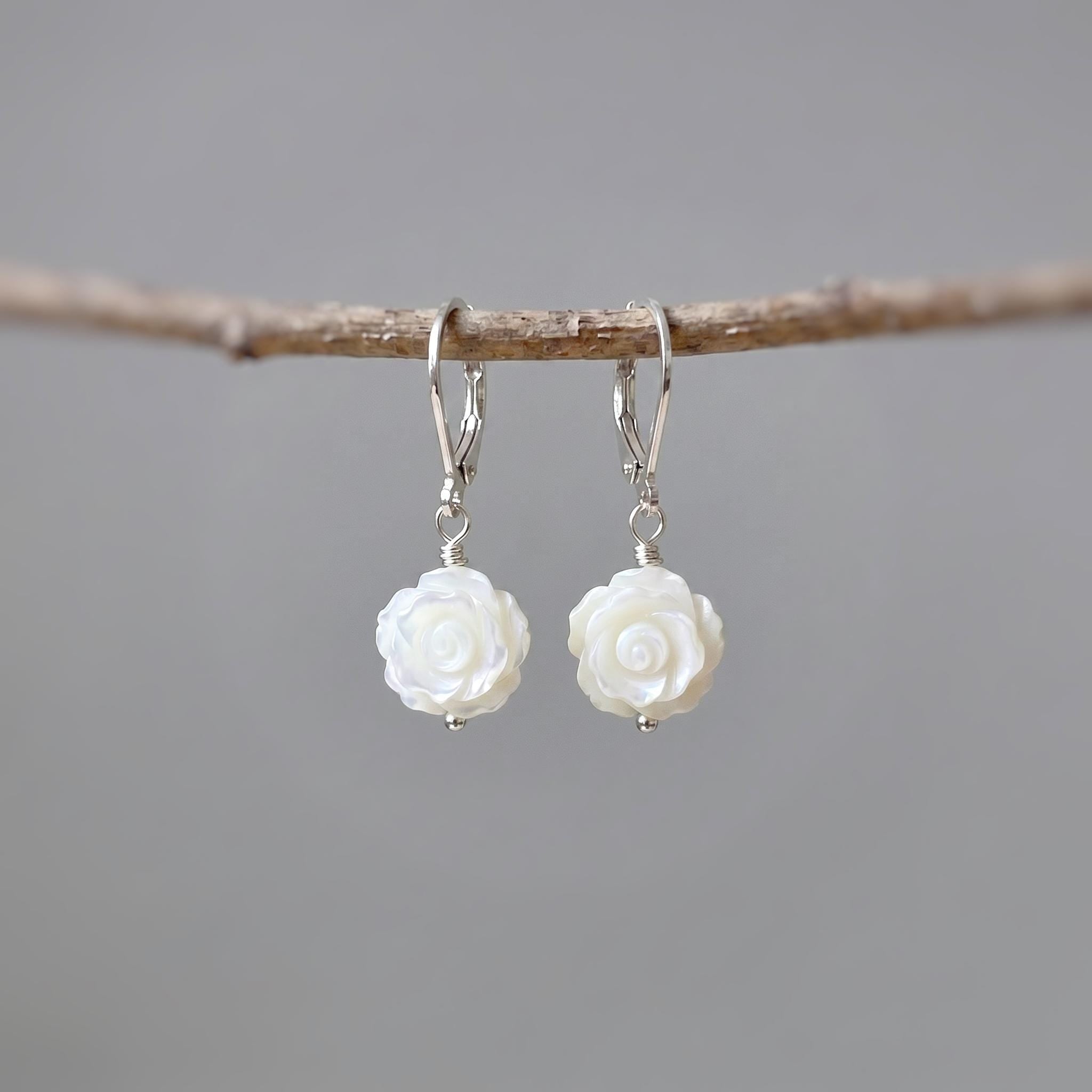 Mother of Pearl Rose Earrings 14k Gold Dangle handmade birthflower jewelry leverback June Birthday birth flower gift for grandma mom wife