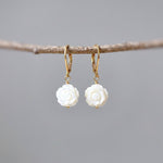 Mother of Pearl Rose Earrings 14k Gold Dangle handmade birthflower jewelry leverback June Birthday birth flower gift for grandma mom wife