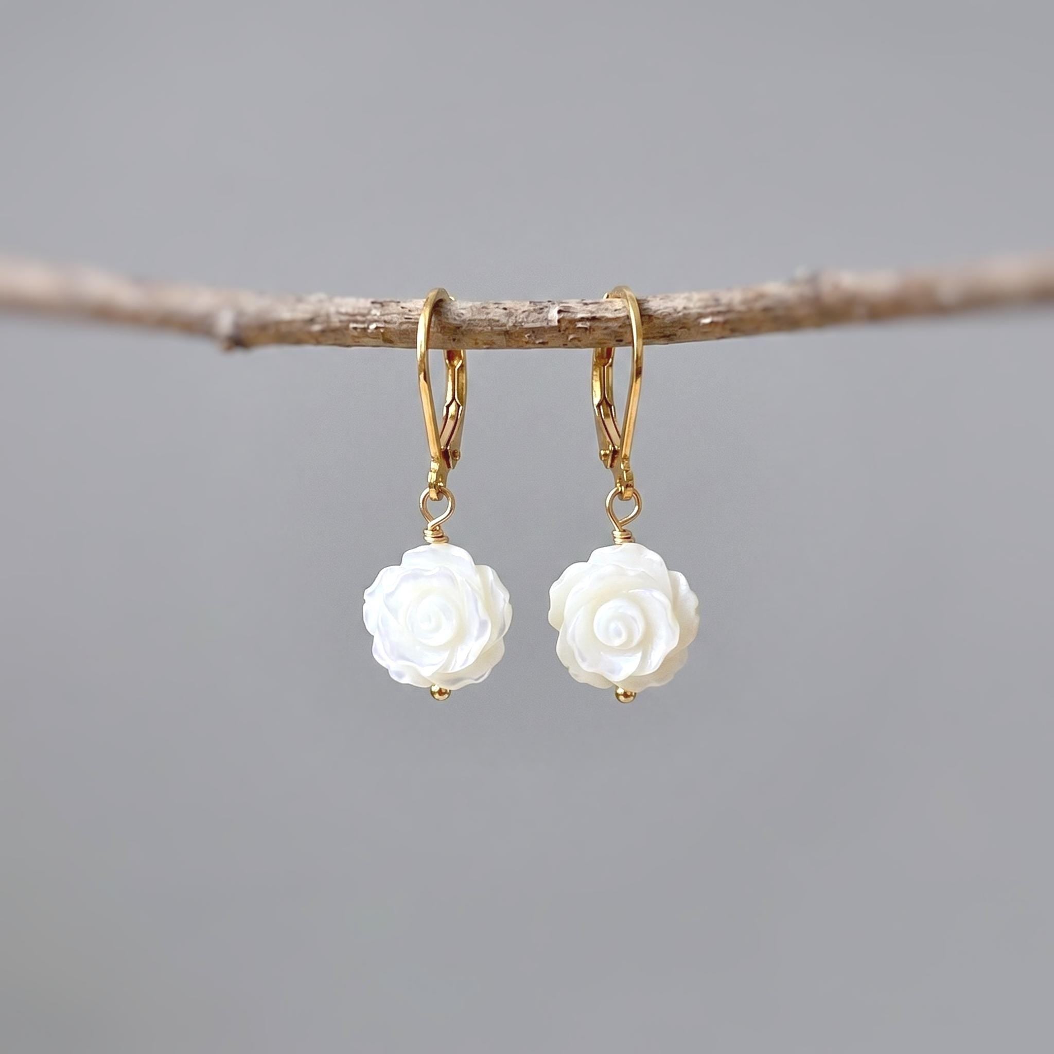 Mother of Pearl Rose Earrings 14k Gold Dangle handmade birthflower jewelry leverback June Birthday birth flower gift for grandma mom wife