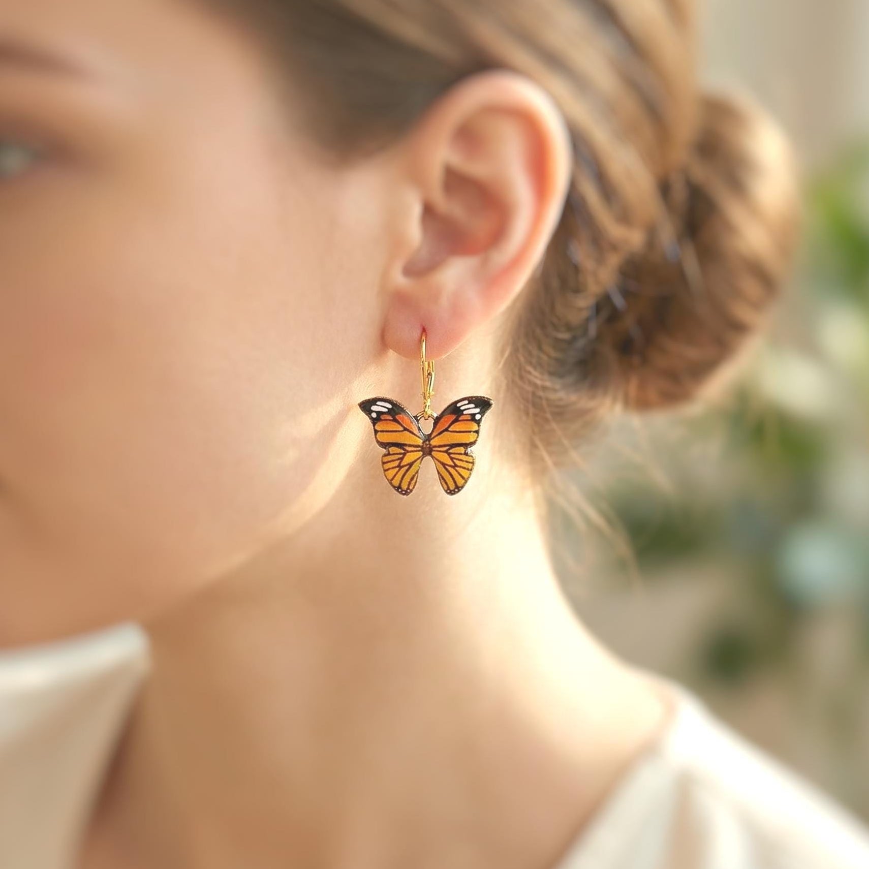 Monarch Butterfly Earrings Dangle Gold Handmade Colorful Spring Summer Jewelry gifts for gardener, mothers day, insect, nature lover, mom