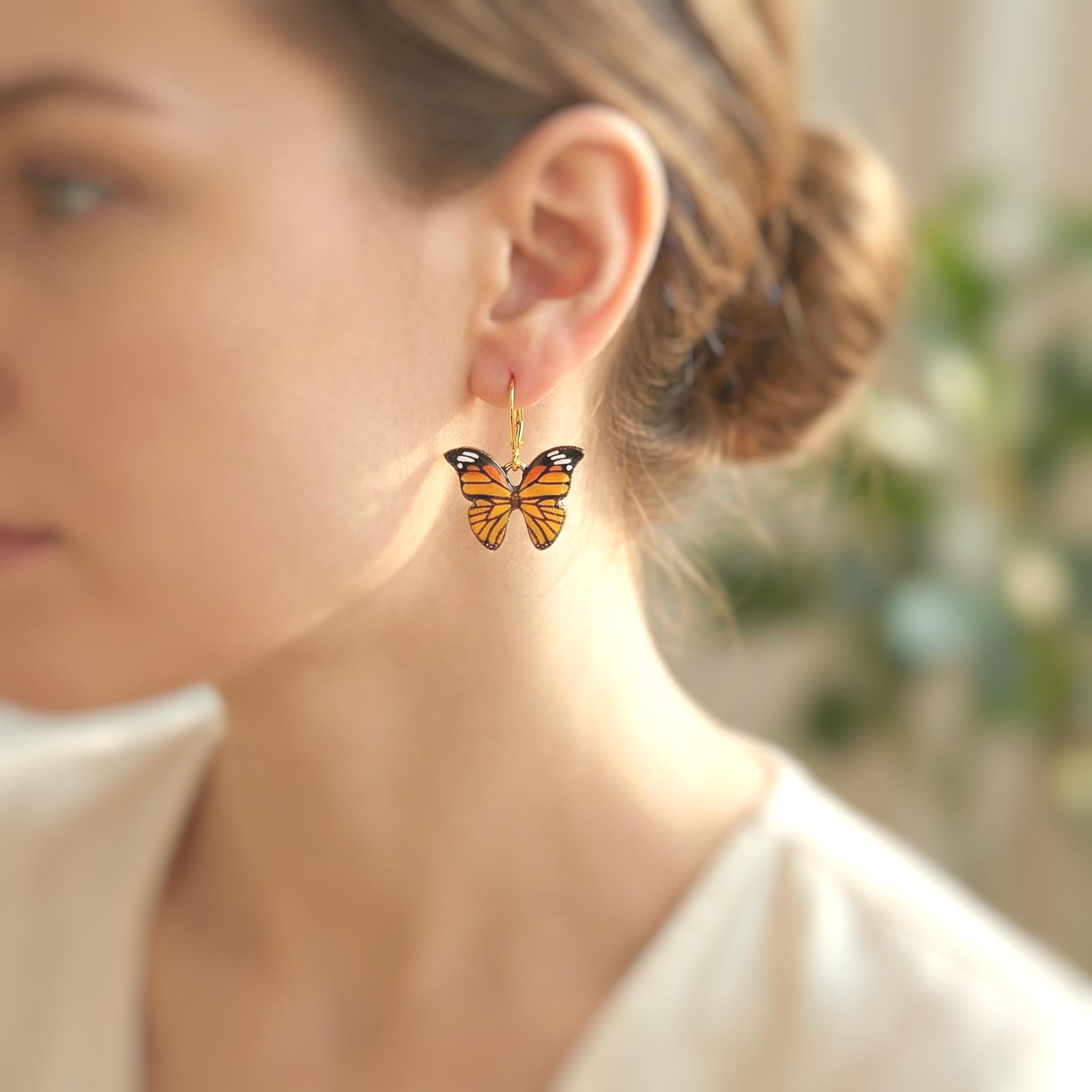 Monarch Butterfly Earrings Dangle Gold Handmade Colorful Spring Summer Jewelry gifts for gardener, mothers day, insect, nature lover, mom