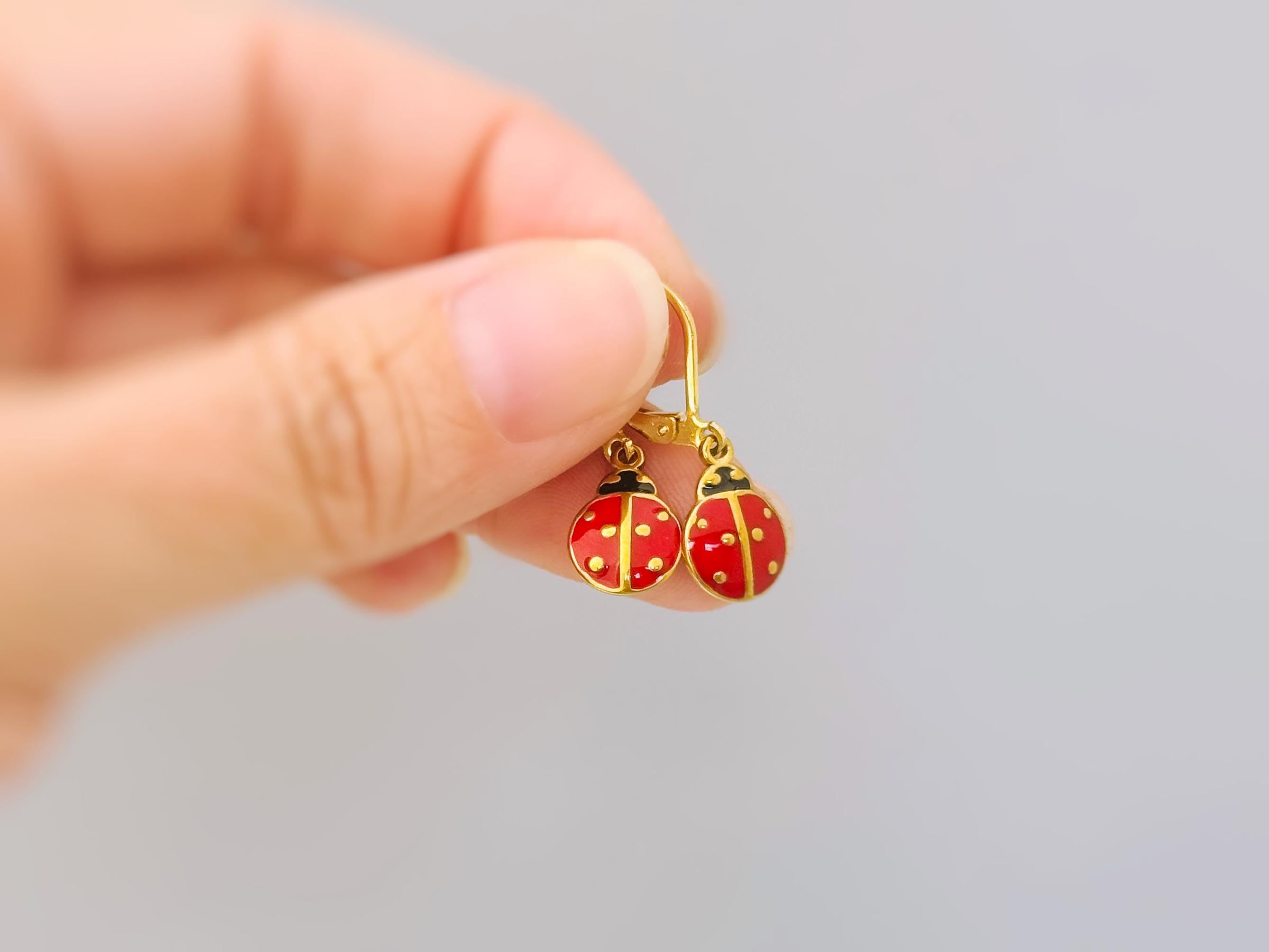 Dainty Ladybug Earrings dangle Gold Leverbacks handmade cottagecore minimalist nature inspired bug jewelry gift for gardeners, sister, bff