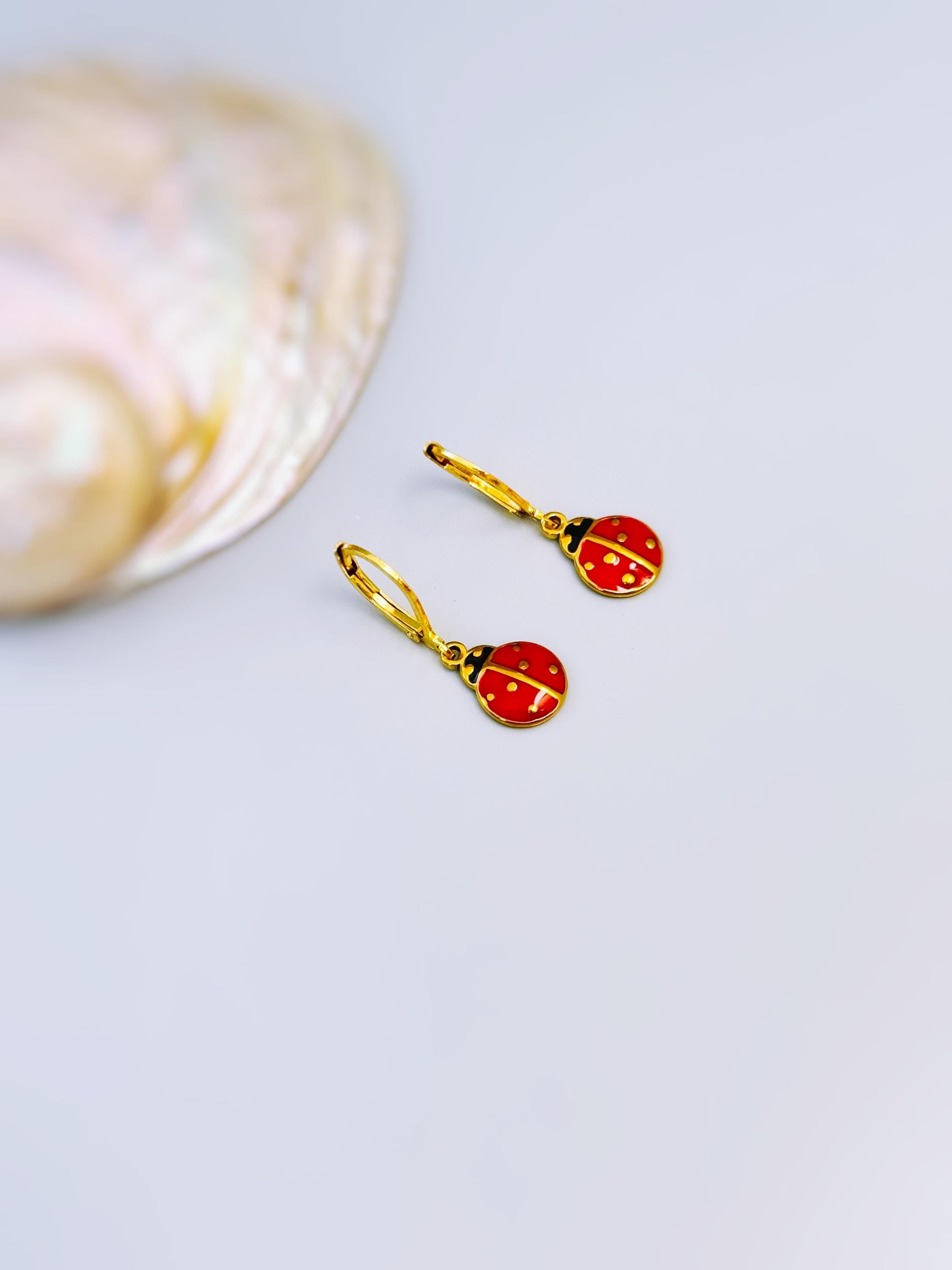 Dainty Ladybug Earrings dangle Gold Leverbacks handmade cottagecore minimalist nature inspired bug jewelry gift for gardeners, sister, bff