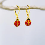 Dainty Ladybug Earrings dangle Gold Leverbacks handmade cottagecore minimalist nature inspired bug jewelry gift for gardeners, sister, bff