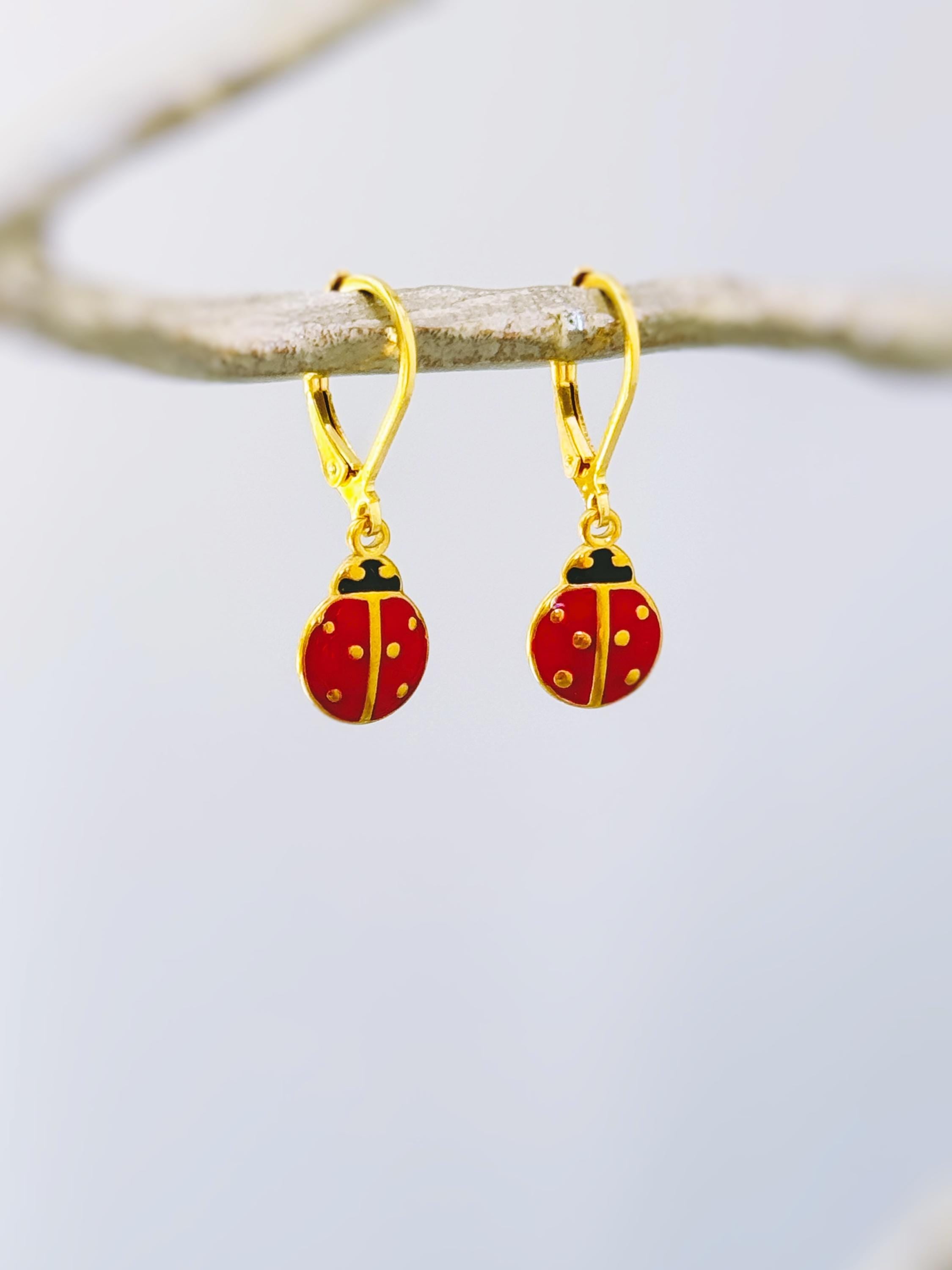 Dainty Ladybug Earrings dangle Gold Leverbacks handmade cottagecore minimalist nature inspired bug jewelry gift for gardeners, sister, bff