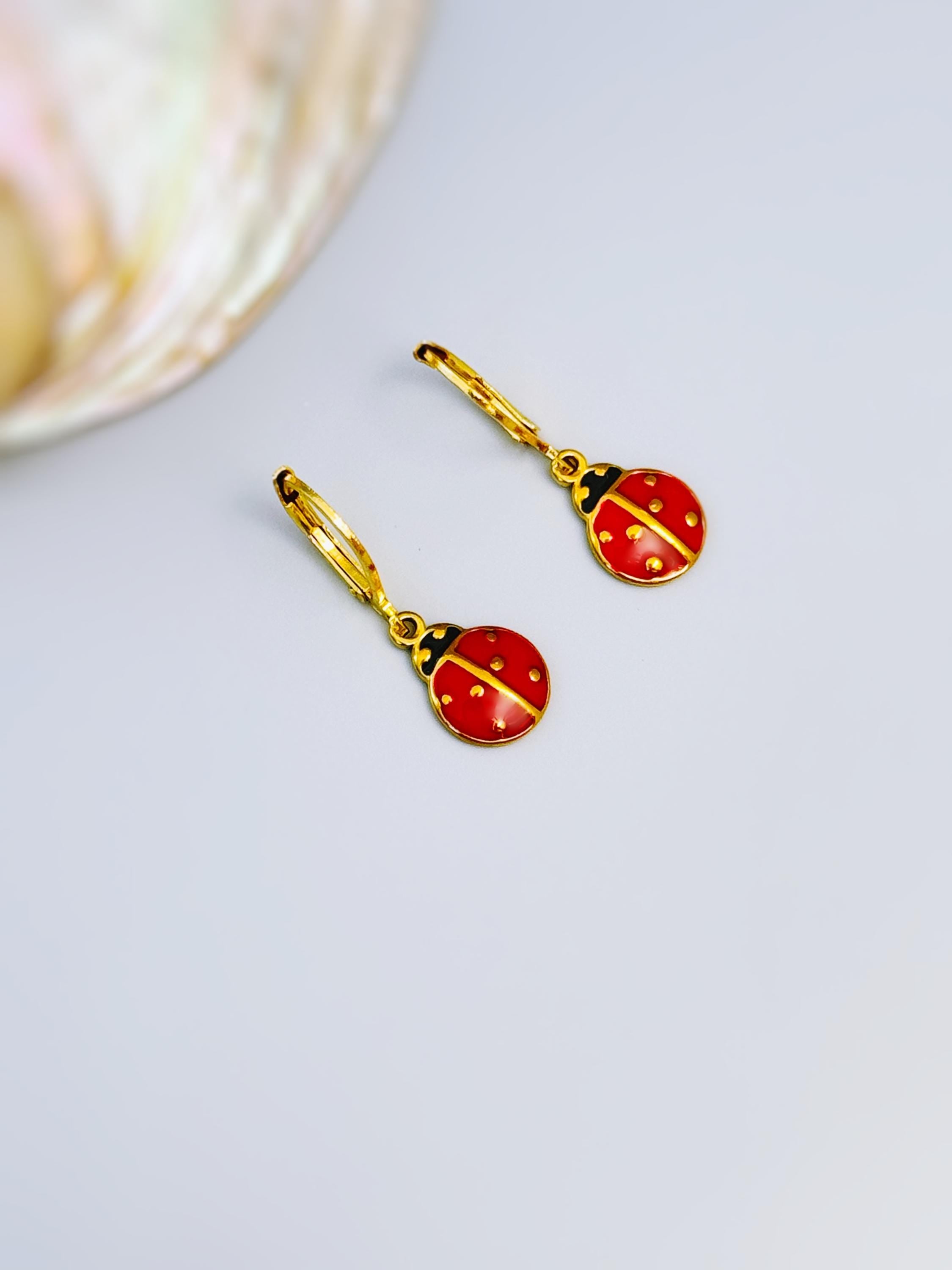 Dainty Ladybug Earrings dangle Gold Leverbacks handmade cottagecore minimalist nature inspired bug jewelry gift for gardeners, sister, bff