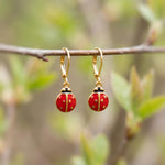 Dainty Ladybug Earrings dangle Gold Leverbacks handmade cottagecore minimalist nature inspired bug jewelry gift for gardeners, sister, bff