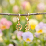 Dainty Peace Sign Huggie Hoop Earrings, Silver Dangle Minimalist Boho 90s Jewelry, Hippie Chic Love and Peace Festival Earrings for her